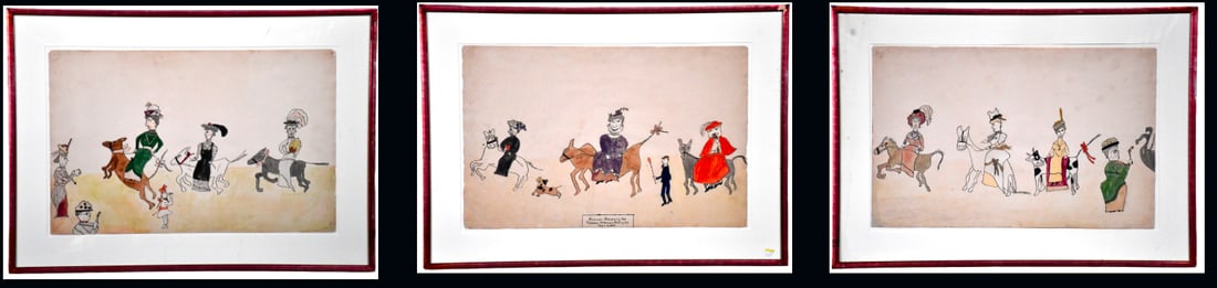 Annual Race of the Tuesday Afternoon Riding Club - 3 Works.: Annual Race of the Tuesday Afternoon Riding Club - 3 Works. 1897. Dated and titled. Watercolor and ink on paper. Minor toning of paper, some discoloration on glass and minor scuffs of frame, otherwise
