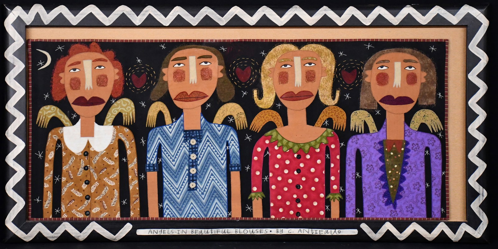 Chris Roberts Antieau. Angels In Beautiful Blouses.: Chris Roberts Antieau (b. 1950). Angels In Beautiful Blouses. 2001. Signed, dated, and titled. Mixed media and fabric. Excellent condition. Needs to be reset in frame. Size with artist-decorated frame