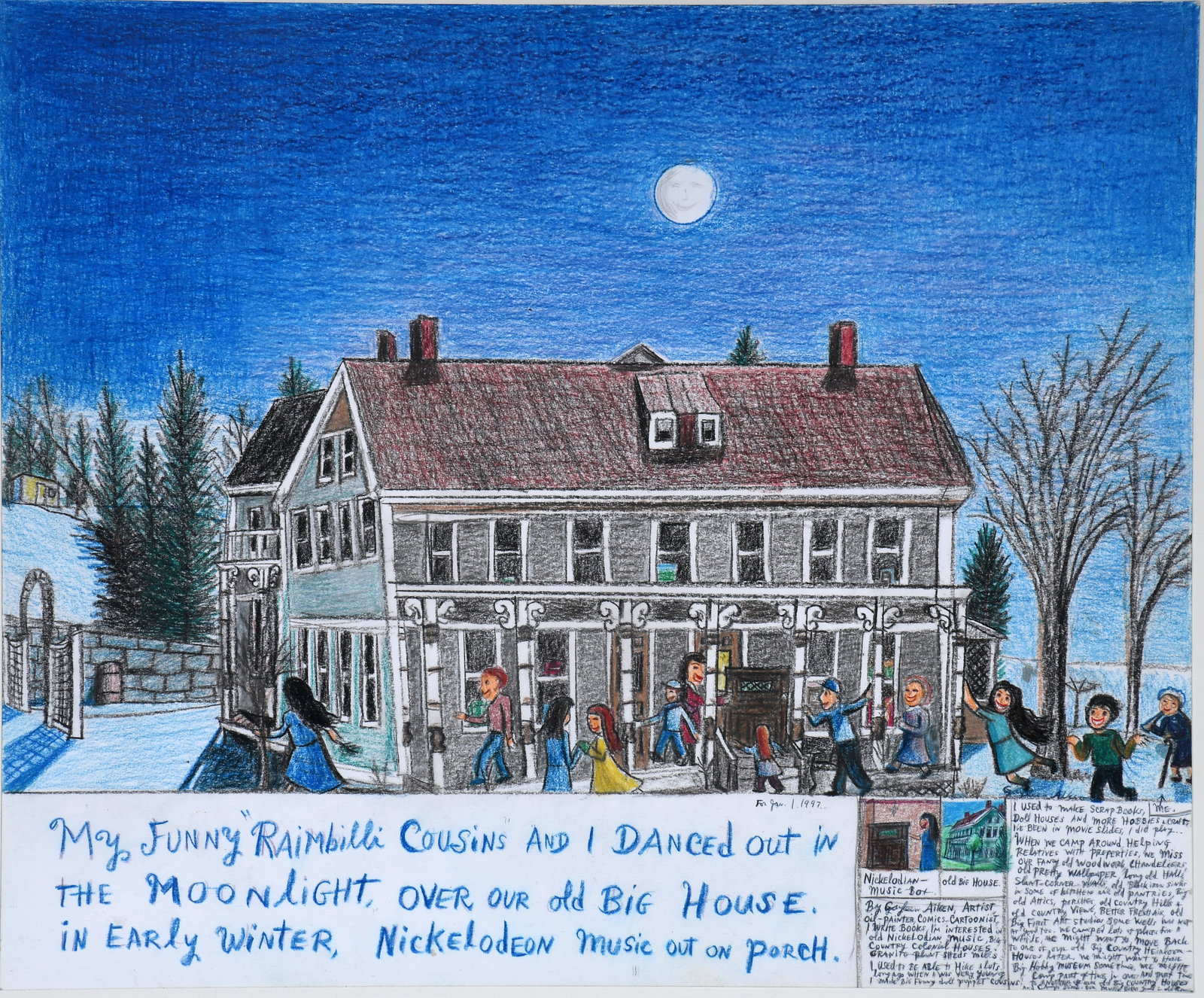 Gayleen Aiken. My Raimbilli Cousins.: Gayleen Aiken. (1934-2005). My Raimbilli Cousins. 1997. Signed, dated and titled. Colored pencil on paper. Image is 17" w x 14" h. Frame is 24" w x 22" h (frame has corner separation). Est. $300-500.