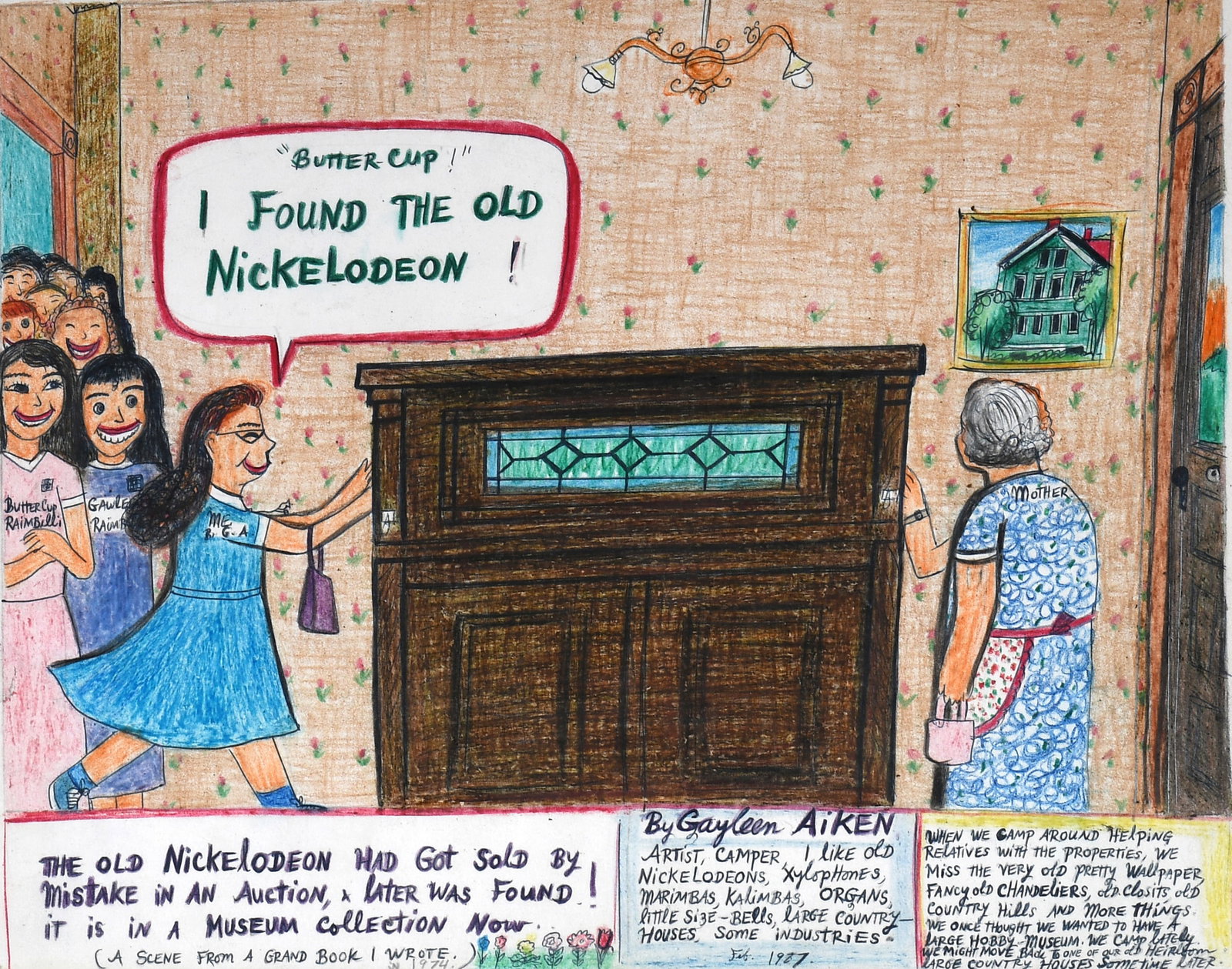 Gayleen Aiken. I Found the Old Nickelodeon.: Gayleen Aiken. I Found the Old Nickelodeon. 1987. Signed, dated and titled. Crayon and ink on paper. Excellent condition. Image is 14" w x 11" h. Frame is 20" w x 17.5" h. Est. $300-500. Ship: $55 Ple