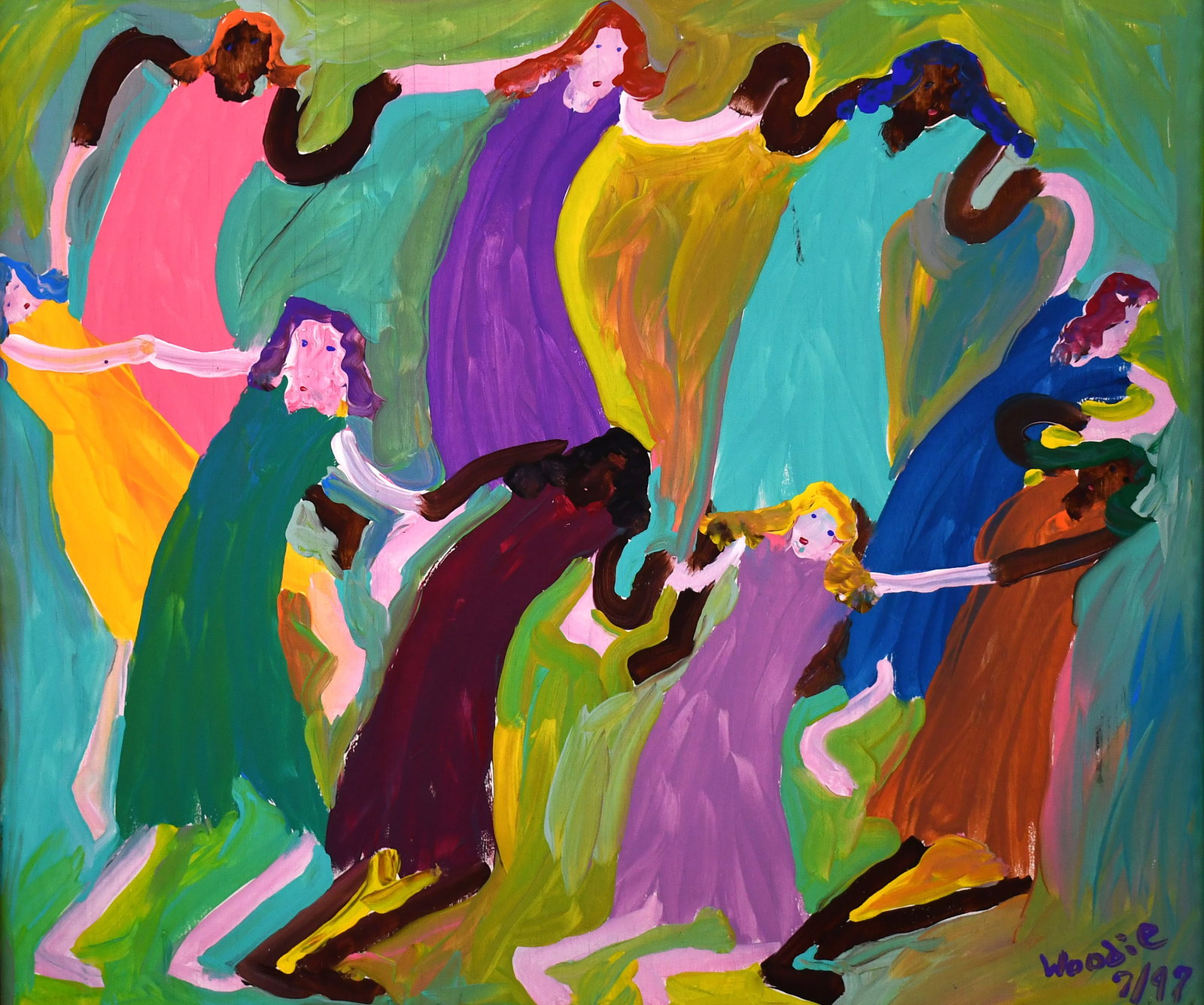 Woodie Long. Dancing Women.: Woodie Long. (1942-2009). Dancing Women. 1997. Signed and dated. Paint on board. Minor stray mark, otherwise great condition. Size with frame is 36" w x 31" h. Est. $1,000-2,000. Ship: $200 Please