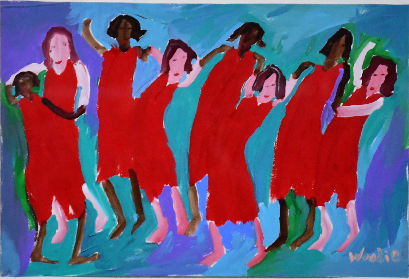 Woodie Long. Dancing Ladies in Red.: Woodie Long. Dancing Ladies in Red. Signed. Paint on cardstock. Excellent condition. Size with frame is 23" w x 17" h. Est. $200-400. Ship: $65 Please Read Before You Bid: By registering for and/or pl