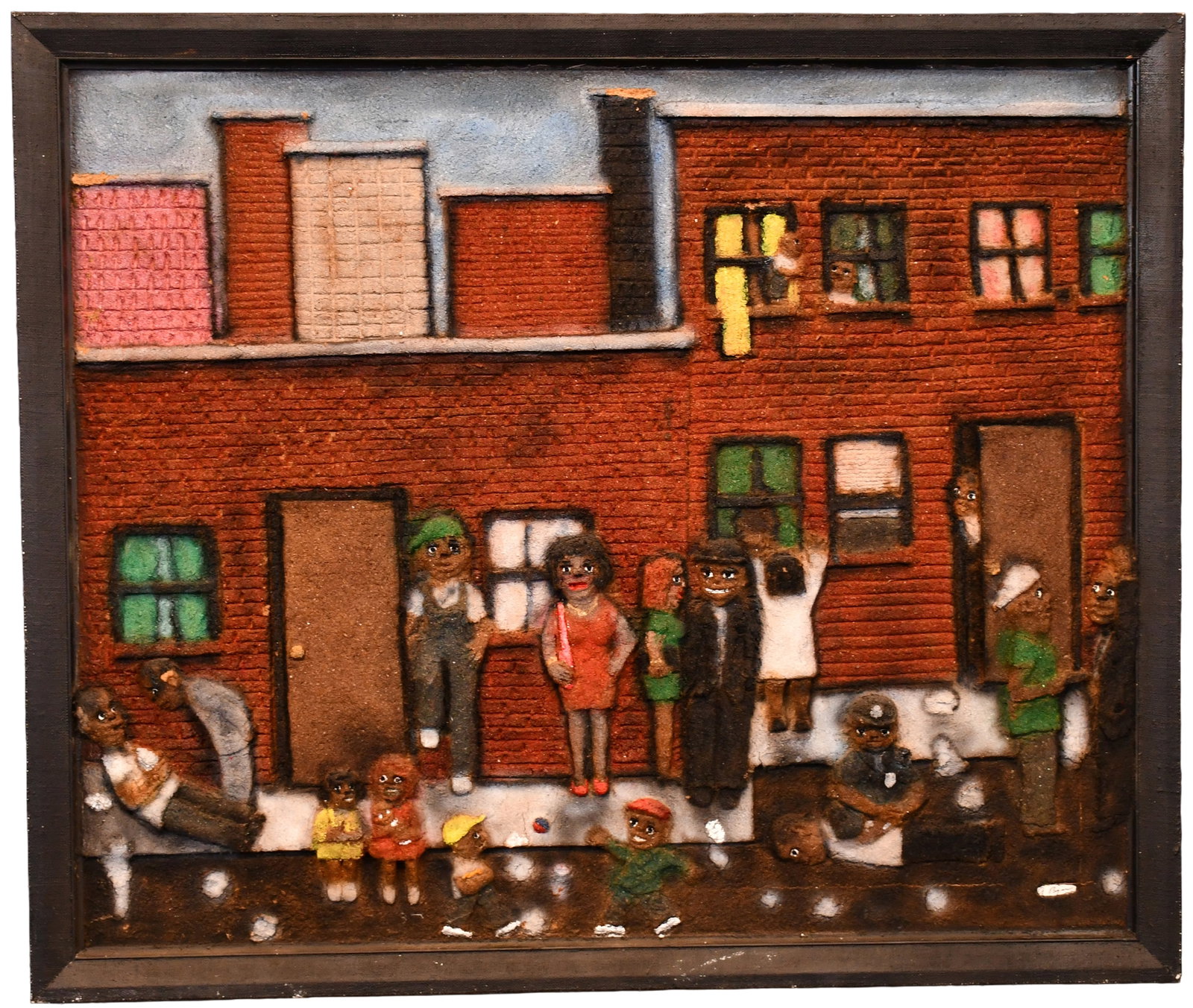 Archie Byron. Housing.: Archie Byron. (1928-2005). Housing. 1999. Signed, dated, and titled. Wood and glue mixture and paint on board. Minor loss top center and left, otherwise great condition. Size with frame is 26" w x