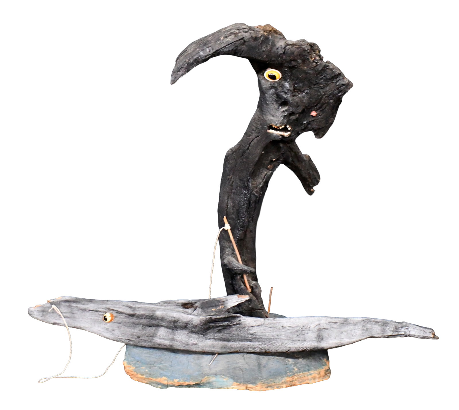 Bessie Harvey. Hooked a Big One.: Bessie Harvey. (1929-1994). Hooked a Big One. Not signed. Carved and painted found wood with mixed media. Minor wear on fish nose, otherwise great condition. 29" w x 25" h. Est. $1,000-2,000. Ship: