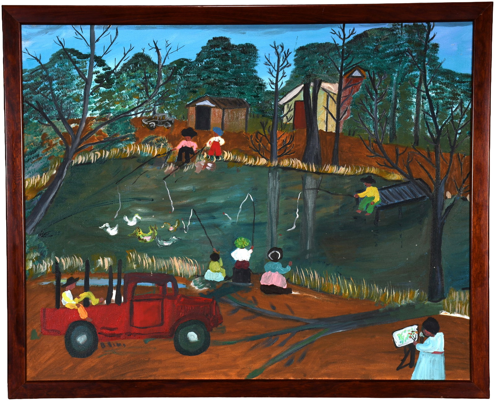 Bernice Sims. Southern Lake.: Bernice Sims. (1926-2014). Southern Lake. 1988. Signed, dated, and titled. Oil on canvas. Minor surface grime, otherwise great condition. Size with frame is 32" w x 26" h. Provenance: Lynne Ingram