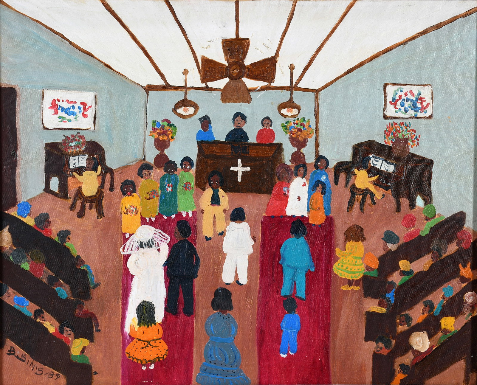 Bernice Sims. Wedding Day.: Bernice Sims. Wedding Day. 1989. Signed and dated. Oil on canvas. Excellent condition. Size with frame is 21.5" w x 18" h. Provenance: The Lynne Ingram Collection. Est. $400-600. Ship: $55 Please