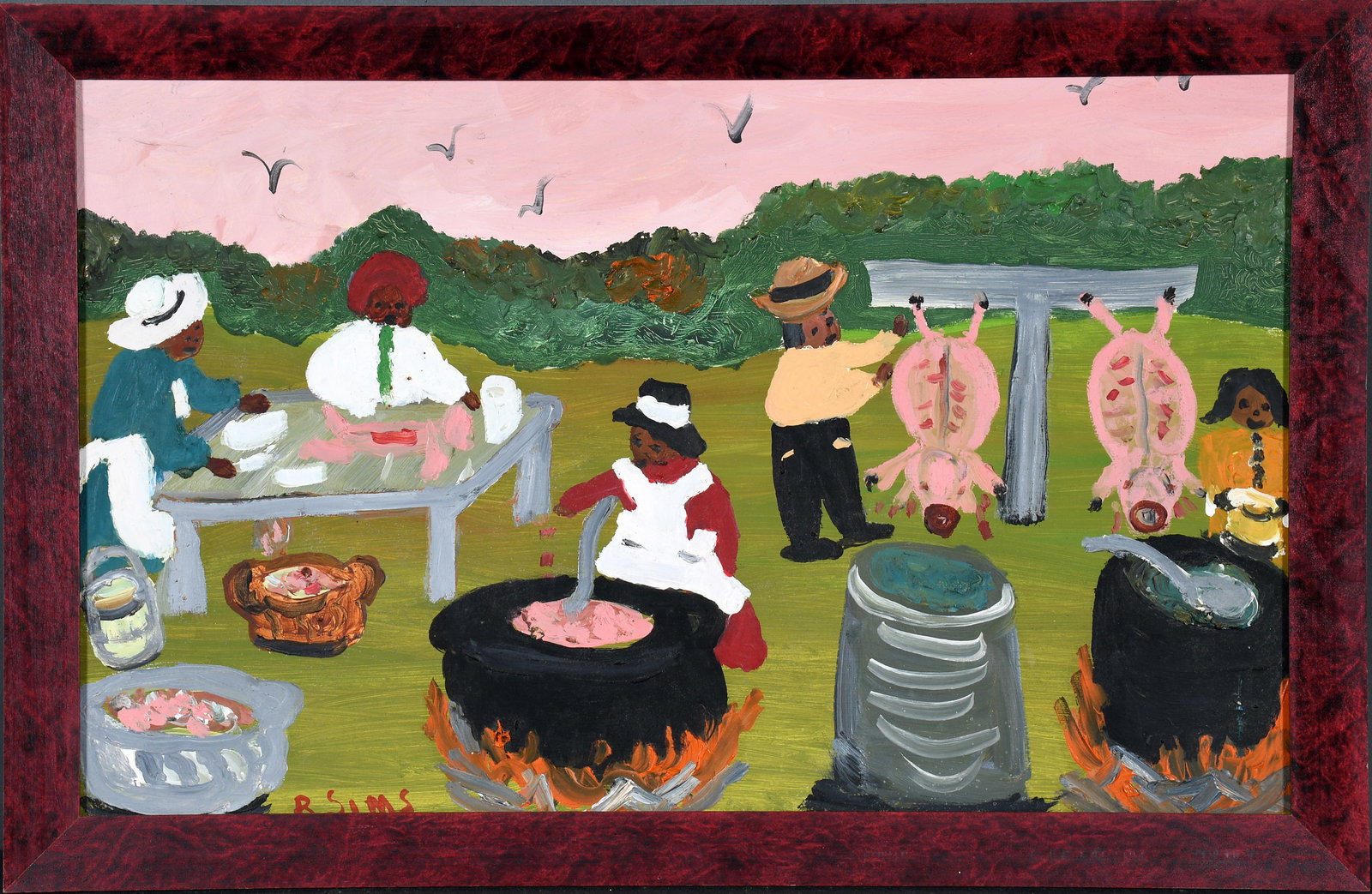 Bernice Sims. Hog Killing.: Bernice Sims. Hog Killing. Signed. Oil on canvas panel. Excellent condition. Size with frame is 19.5" w x 12.5" h. Provenance: The Lynne Ingram Collection. Est. $200-400. Ship: $45 Please Read