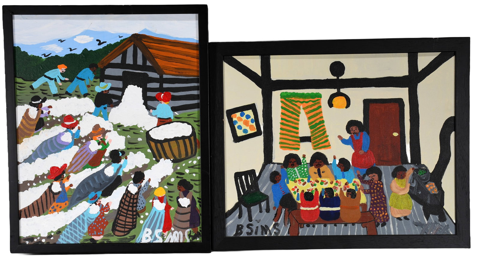 Bernice Sims. Cotton Harvest and Dinner Time Pair of Works: Bernice Sims. Cotton Harvest and Dinner Time. Pair of Works. Signed. Oil on canvas. Excellent condition. Each size with frame is 22" w x 18" h. Est. $500-800. Ship: $75 Please Read Before You Bid: By