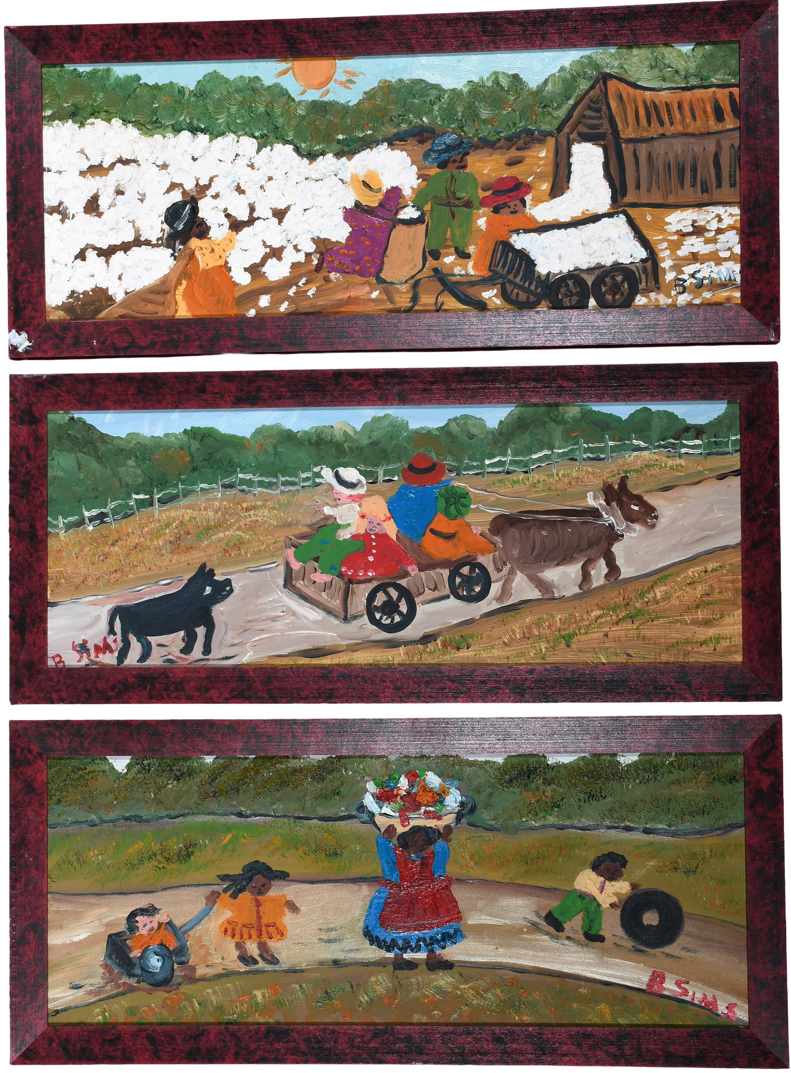 Bernice Sims. Three Rural Scenes.: Bernice Sims. Three Rural Scenes. Signed. Oil on canvas panels. Excellent condition. Size with frame each is 22" w x 9.5" h. Provenance: The Lynne Ingram Collection. Est. $300-500. Ship: $65 Please Re