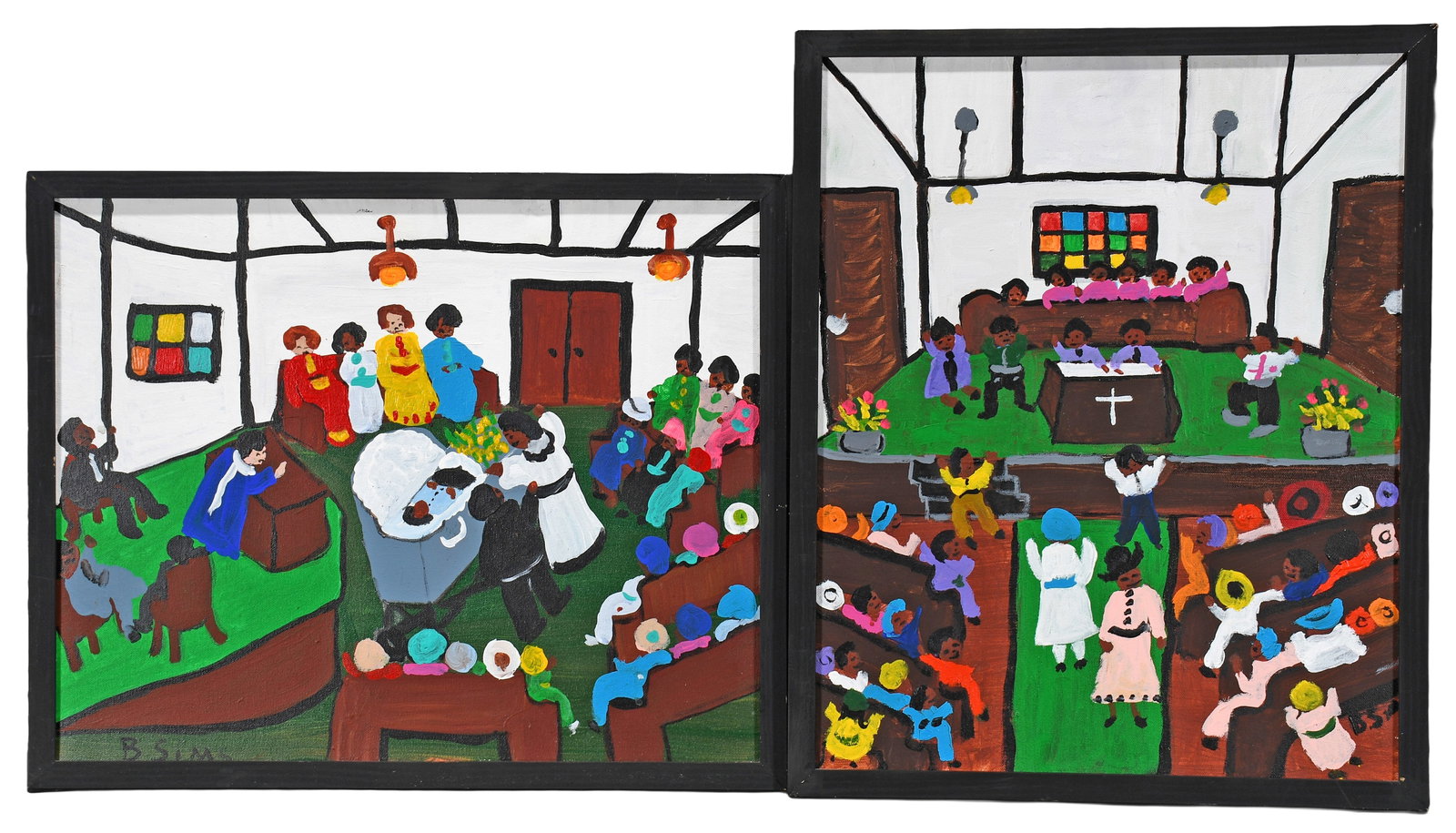 Bernice Sims. Church Revival and Funeral.: Bernice Sims. Church Revival and Funeral. Pair of Works. Signed. Oil canvas. Excellent condition. 17" x 21" each. Est. $300-500. Ship: $65 Please Read Before You Bid: By registering for and/or placing