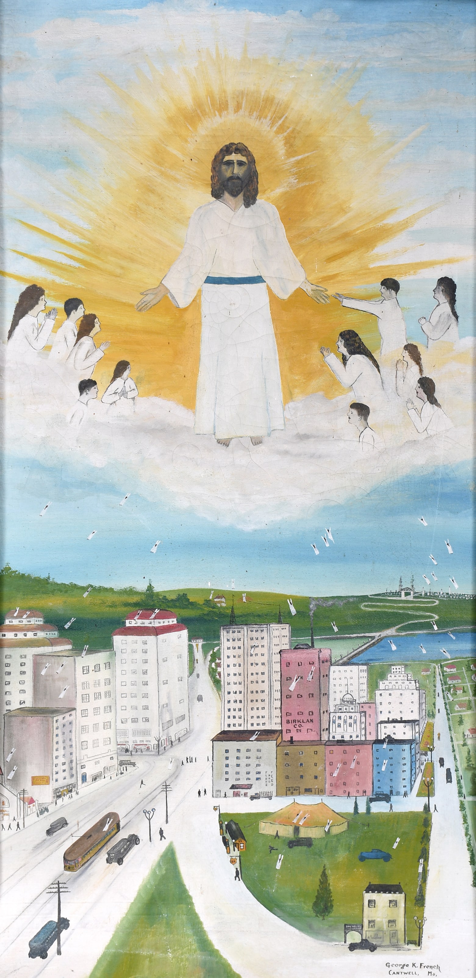 George K. French. Resurrection.: George K. French. Resurrection. Cantwell, MO. 1936. Signed and dated. Oil on old tent revival canvas. Minor surface grime and some crazing, otherwise great condition. Size with frame 27" w x 52" h.