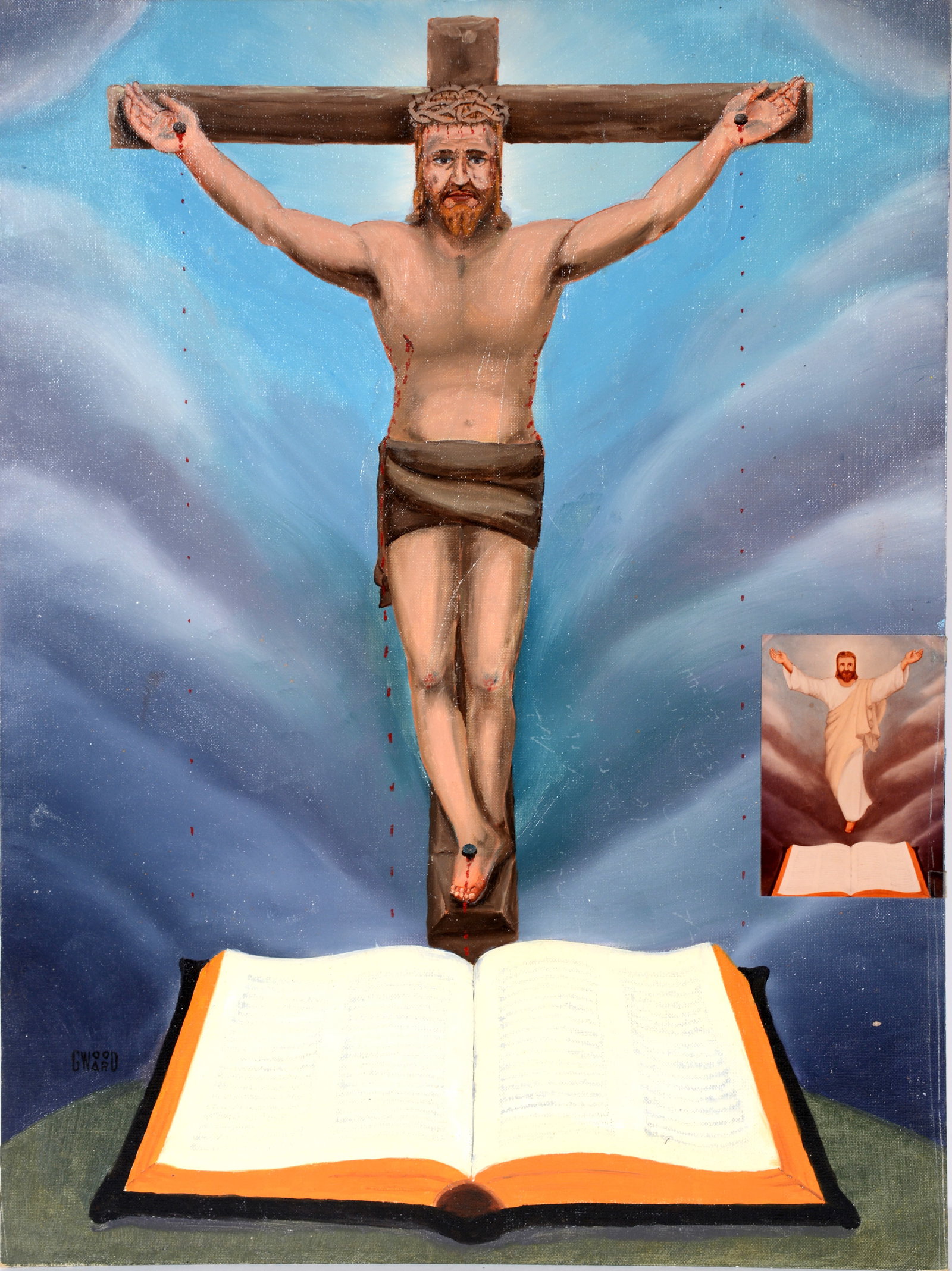 George Woodard. #5 (Jesus and Bible).: George Woodard. #5 (Jesus and Bible). Signed. Oil on canvas panel. Excellent condition. 18" w x 24" h. Est. $300-500. Ship: $55 Please Read Before You Bid: By registering for and/or placing a bid