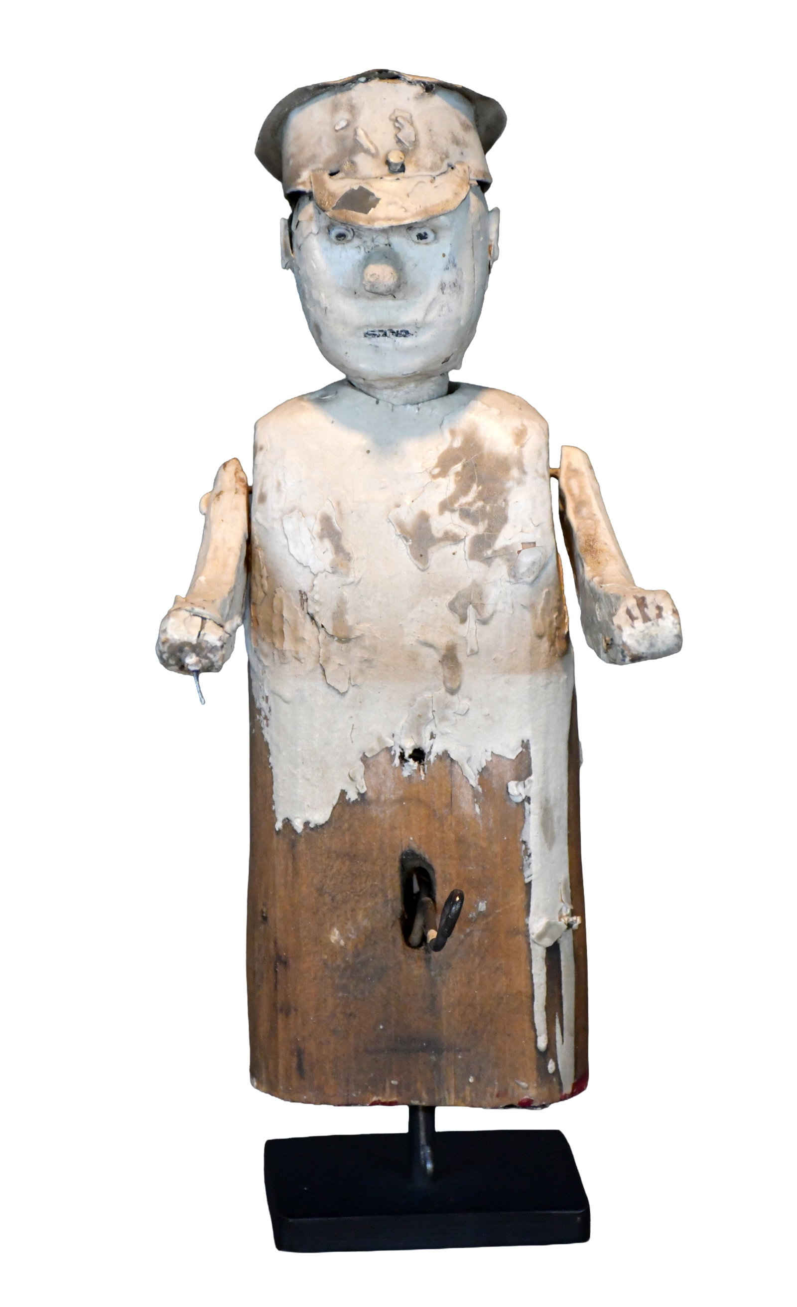 Anonymous Early Articulated Cop Figure.: Anonymous Early Articulated Cop Figure. Not signed. Carved and painted wood with tin hat and metal mechanical moving elements. Expected weathering of paint, possibly part of a bigger moving diorama
