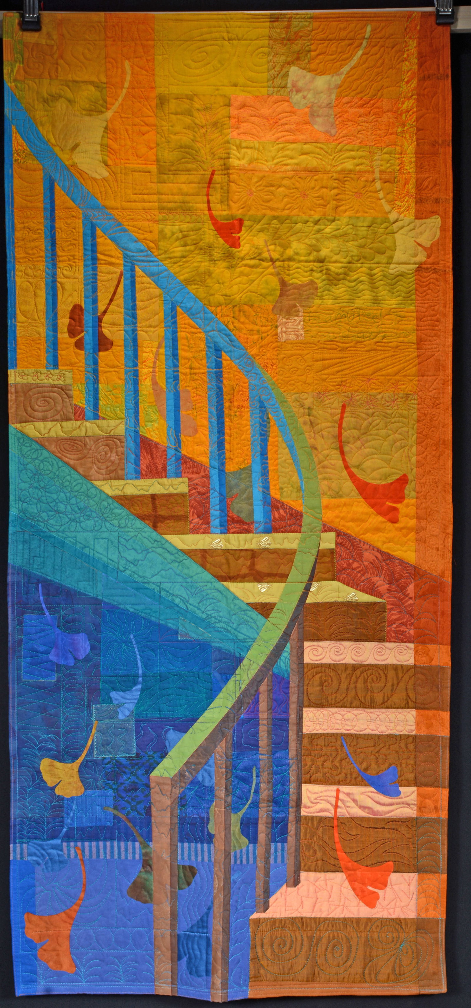 Heather Allen Hietala. #37 Ponder Quilt.: Heather Allen Hietala. #37 Ponder Quilt. Original design of a staircase with cascading ginkgo leaves. 1999. Quilt was made in Asheville, NC. Variety of fabrics including cotton and silk. Machine