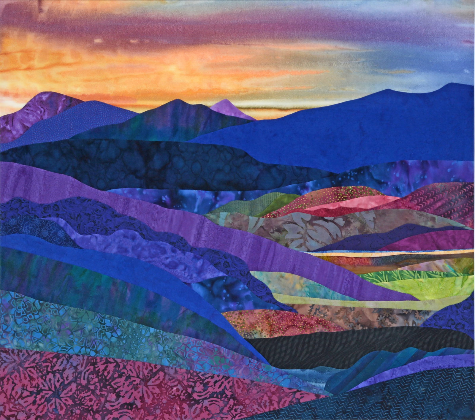 Gail Baker Rowe. Velvet Mountains Quilt.: Gail Baker Rowe. Velvet Mountains Quilt. 2004. Signed, dated and titled. Mixed fabrics. Excellent condition. Size with frame is 32" x 29". Provenance: Barbara & Robert Hunter. Est. $800-1,200 Ship: