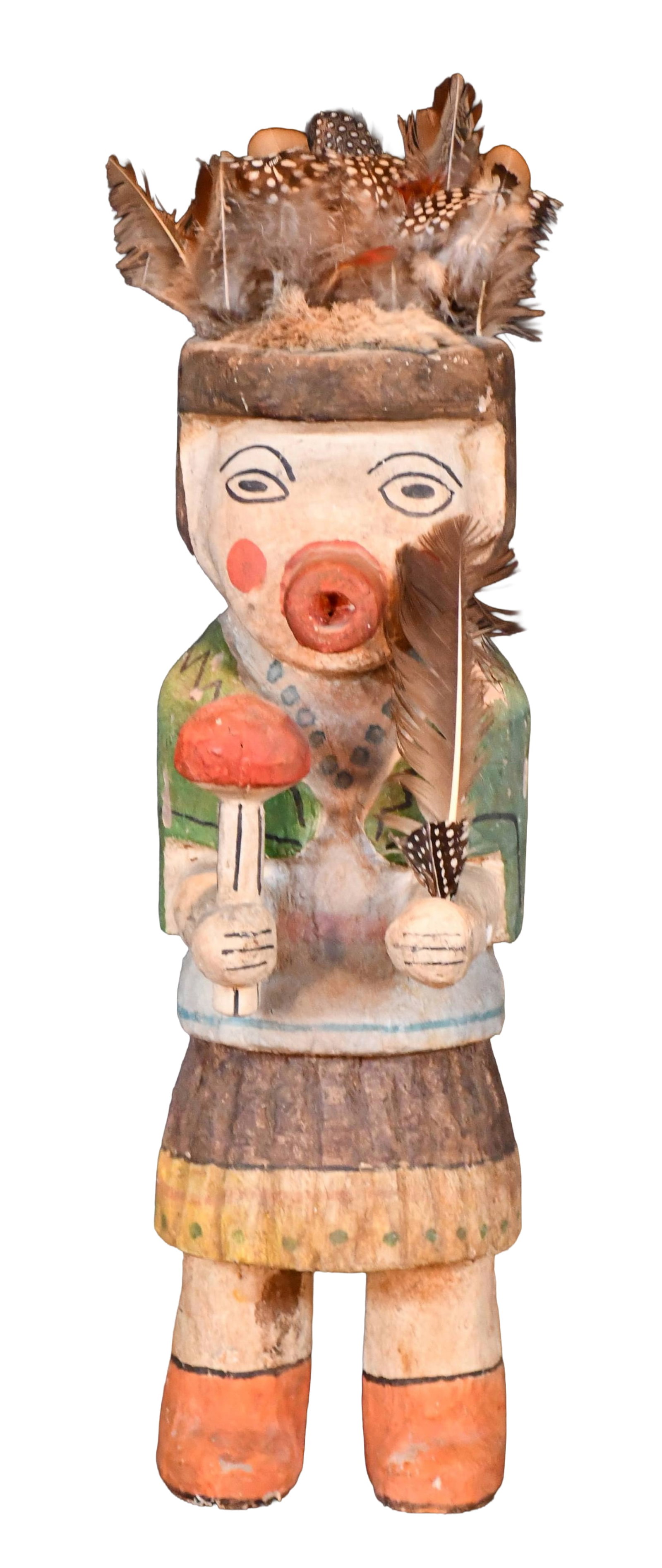 Hopi Hano Cactus Katsina Kachina.: Hopi Hano Cactus Katsina Kachina. c. 1920s. Carved and painted wood with rabbit fur and feathers. Minor paint loss and wear consistent with age, otherwise excellent condition. 19" h x 10" d.