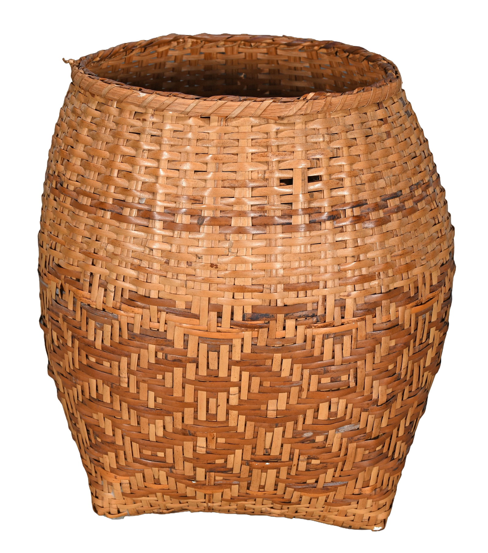 Cherokee Square Bottom Bulbous Body Single Weave Basket.: Cherokee Square Bottom Bulbous Body Single Weave Basket. Dyed River Reeds with Oak Rim. Minor loss, otherwise great condition. 12" h x 8.5" diameter. Provenance: Richard Gasperi and James Resko Collec