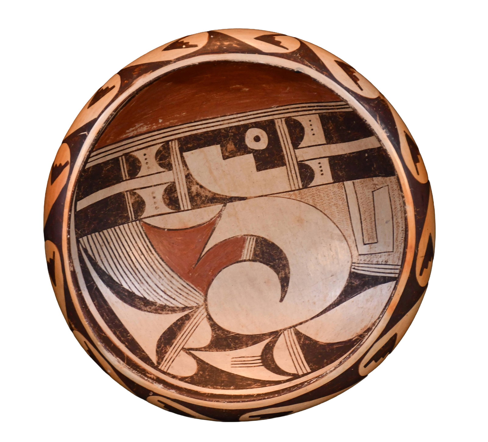 Patricia Honie. Large Decorated Ceremonial Bowl.: Patricia Honie. Large Decorated Ceremonial Bowl. c. 1950-60s. Signed. Fired clay with natural pigments. Minor chip in side rim, hairline crack on bottom, and expected wear on decoration from age,