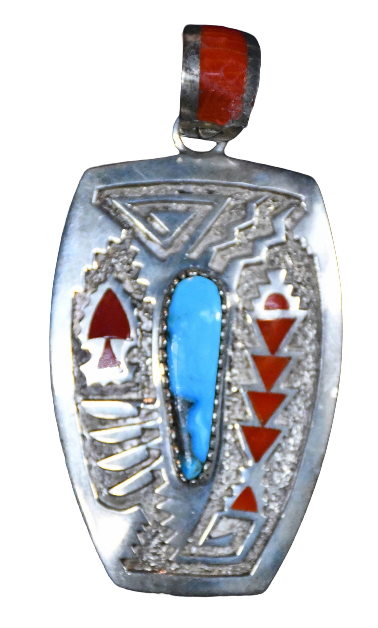 Michael Perry. Large Sterling Pendant with Bale and Turquoise and Coral Decorations.: Michael Perry. Large Sterling Pendant with Bale and Turquoise and Coral Decorations. Stamped. Sterling silver with turquoise and coral resin inlay. Excellent condition. 2" w x 3.75" h. Est. $200-400.