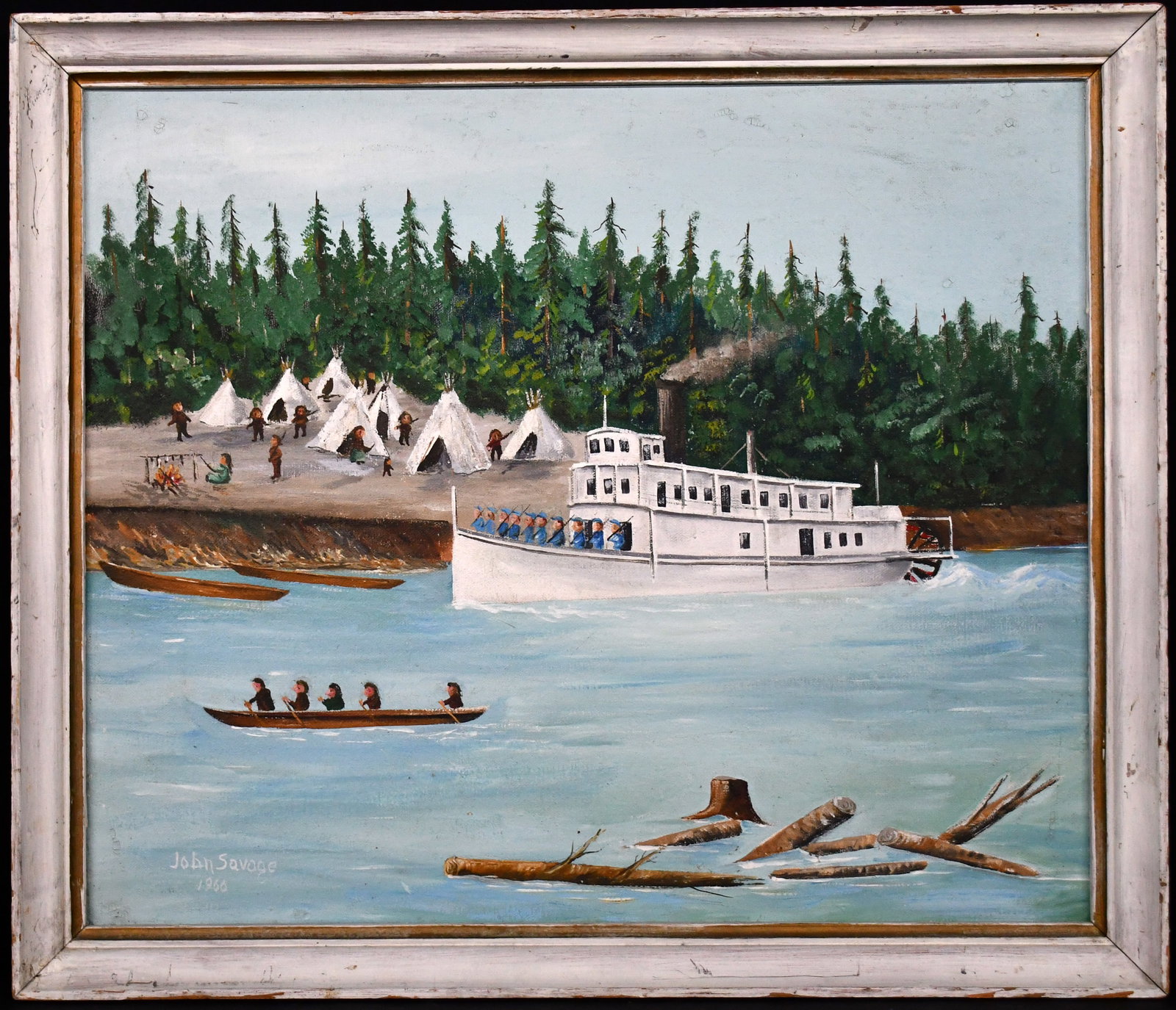 John Savage. Memory Painting of Quelling Skagit River Uprising.: John Savage. (1889-1973). Memory Painting of Quelling Skagit River Uprising. 1966. Signed and dated. Oil on canvas. Minor surface grime, otherwise good condition. Size with frame is 23" w x 20" h. Est