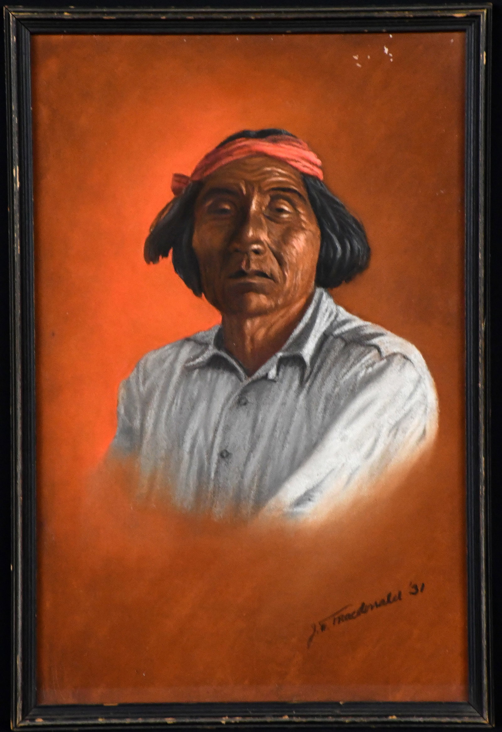 Trachdenald. Native American Portrait.: Trachdenald. Native American Portrait. 1931. Signed and dated. Mixed media on paper. Some loss upper right, otherwise good condition. Size with frame is 14" w x 21" h. Est. $200-300. Ship: $55 Please
