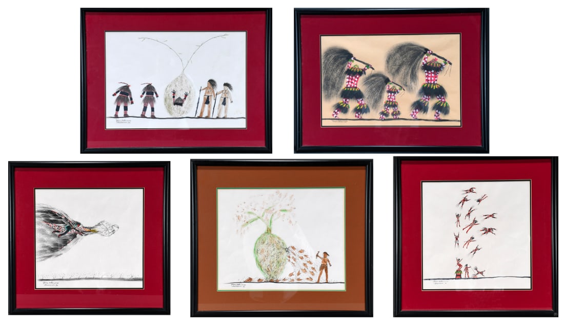 Flores Balbuena Chamcoco. Five Original Paintings.: Flores Balbuena Chamcoco. Five Original Paintings. 1994-5. Signed and dated. Watercolor, marker and mixed media on paper. Good to great condition. 23" w x 20" h average size with frames. Est. $300-500