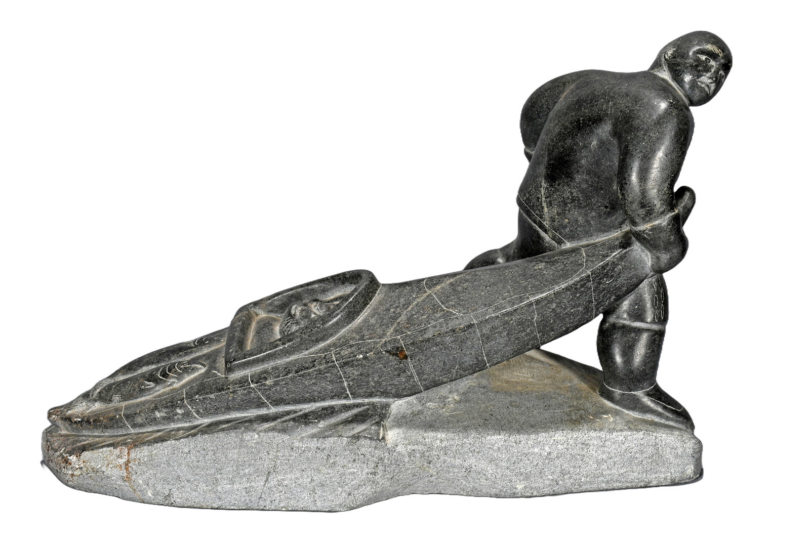 Inuit Artist Man with Kayak, Child and Fish Carving. (1 of 8)