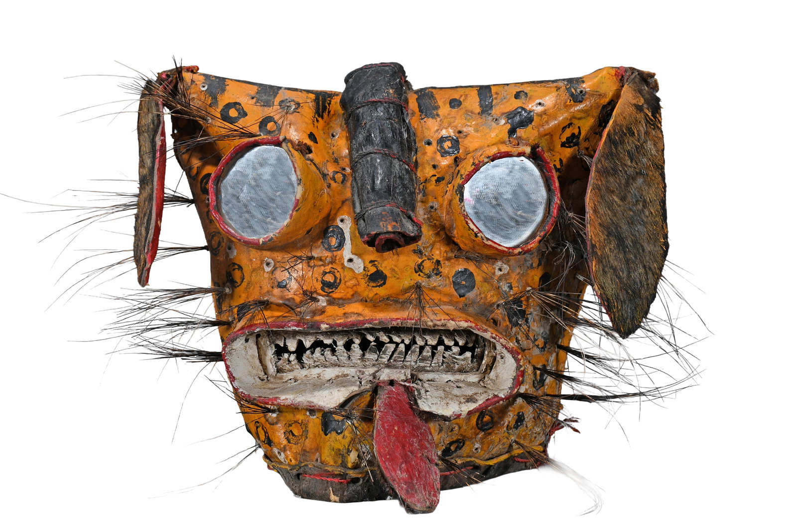 Zitala Guerro Mexico Jaguar Dance Mask.: Zitala Guerro Mexico Jaguar Dance Mask. Early 20th century. Painted leather, mirror eyes, fur, ears and whiskers. Great condition. 13" w x 10" h. Est. $300-500. Ship: $75 Please Read Before You