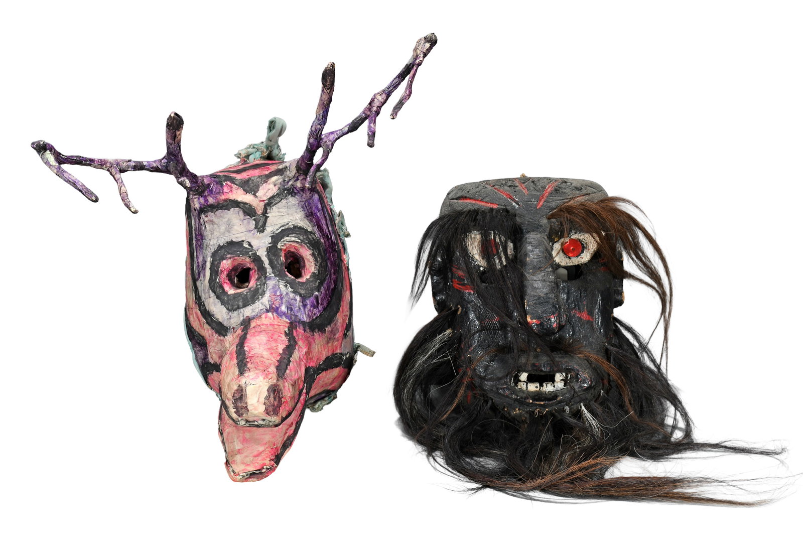 Central American. Pair of Unusual Masks.: Anonymous Central American. Pair of Unusual Masks. Carved and painted wood with mixed media and cardboard and paint construction. Good condition. Deer is largest 17" w x 17" x 17". Est. $200-300 for