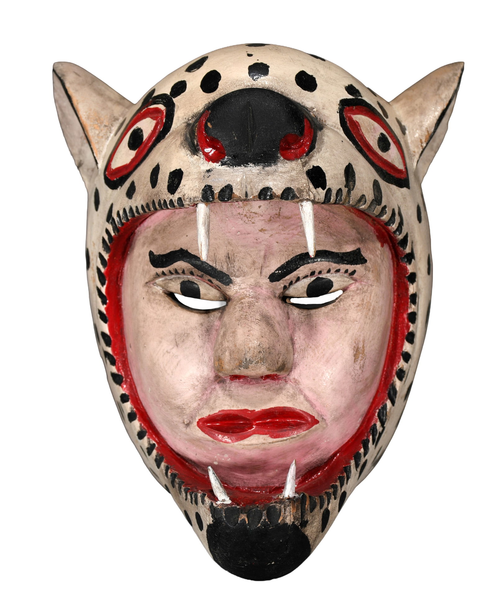 Guatemalan Jaguar Spirit Mask.: Guatemalan Jaguar Spirit Mask. Carved and painted wood. Great condition. 6.5" w x 9" h. Est. $100-200. Ship: $55 Please Read Before You Bid: By registering for and/or placing a bid in any Slotin Aucti
