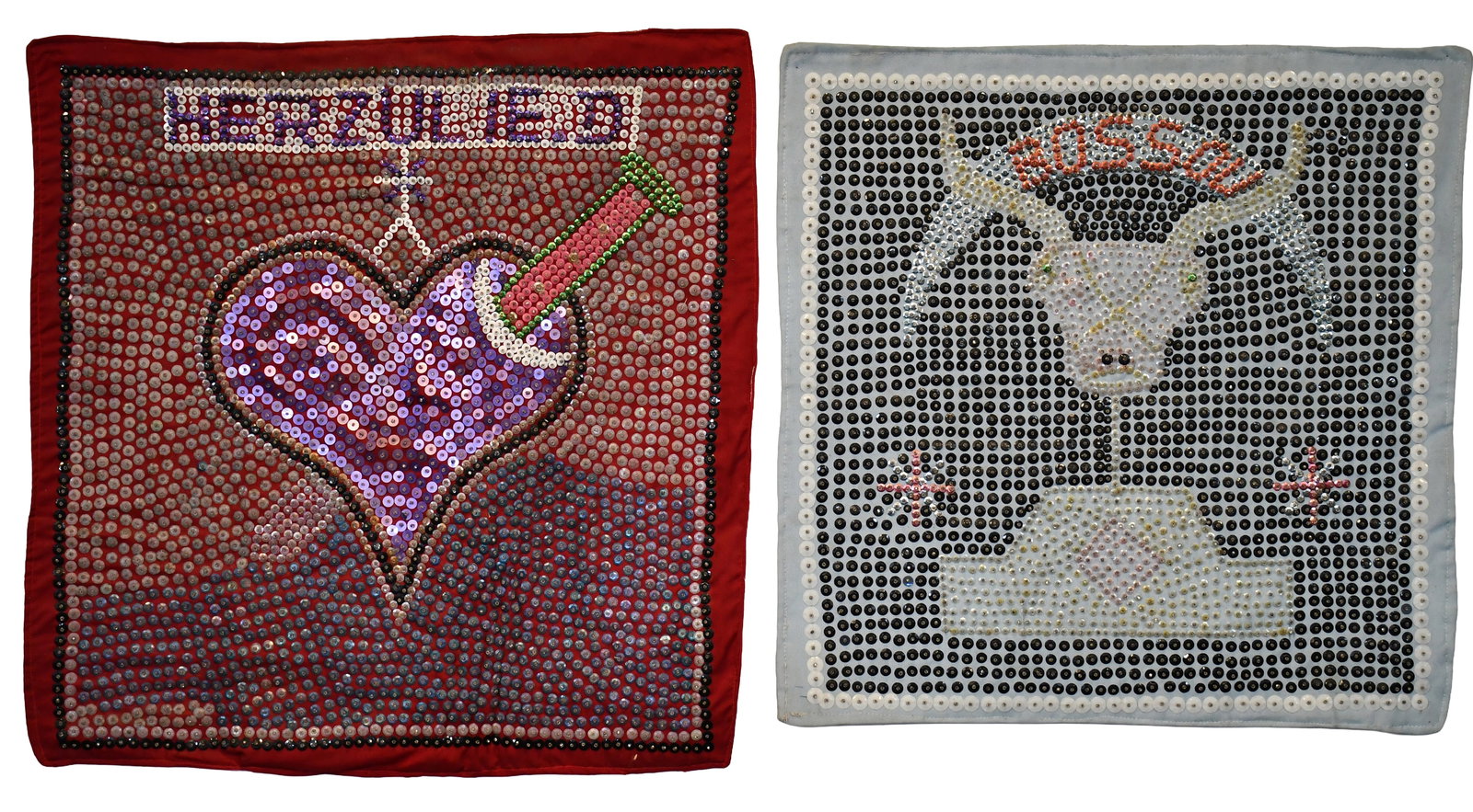Voodoo Flags. Herzulied and Bossou.: Voodoo Flags. Herzulied and Bossou. Sequins and beads backed to cloth. Excellent condition. Average is 20" w x 20" h. Est. $300-500. Ship: $35 Please Read Before You Bid: By registering for and/or