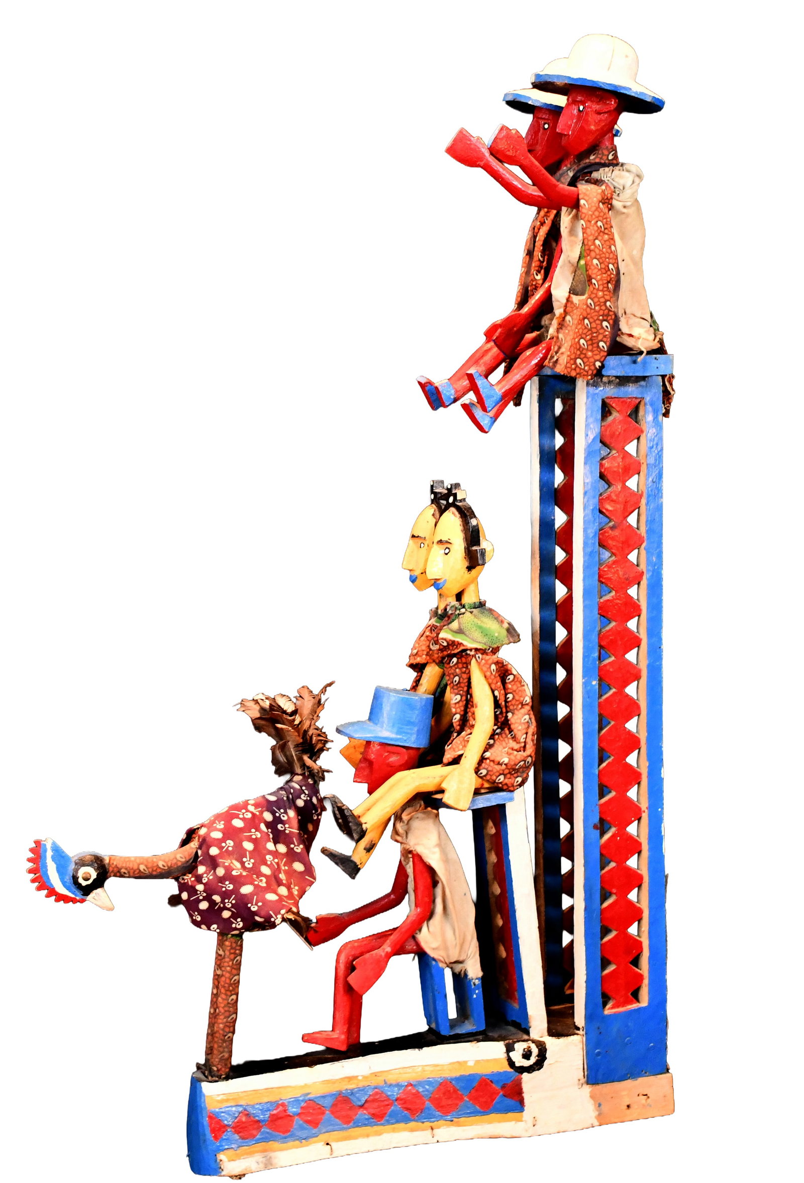 Bamana. Puppet Police Taking Prostitutes to Jail for Stealing a Chicken.: Bamana (Africa). Puppet Police Taking Prostitutes to Jail for Stealing a Chicken. Not signed. Carved and painted wood with mixed media and articulated arms. Strings attached below for pulling to move