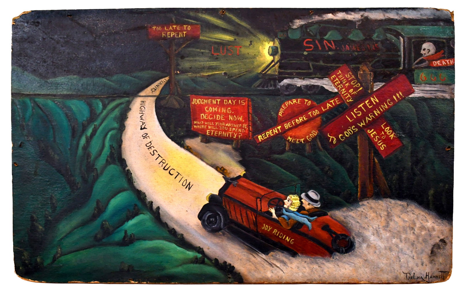 Thelma Hammett. Highway of Destructions.: Thelma Hammett. Highway of Destructions. c. 1930s-1940s. Signed, titled. Not dated. Paint on Upson board. Holes from original hanging, wear and loss on corners, otherwise great condition. Image is 22.