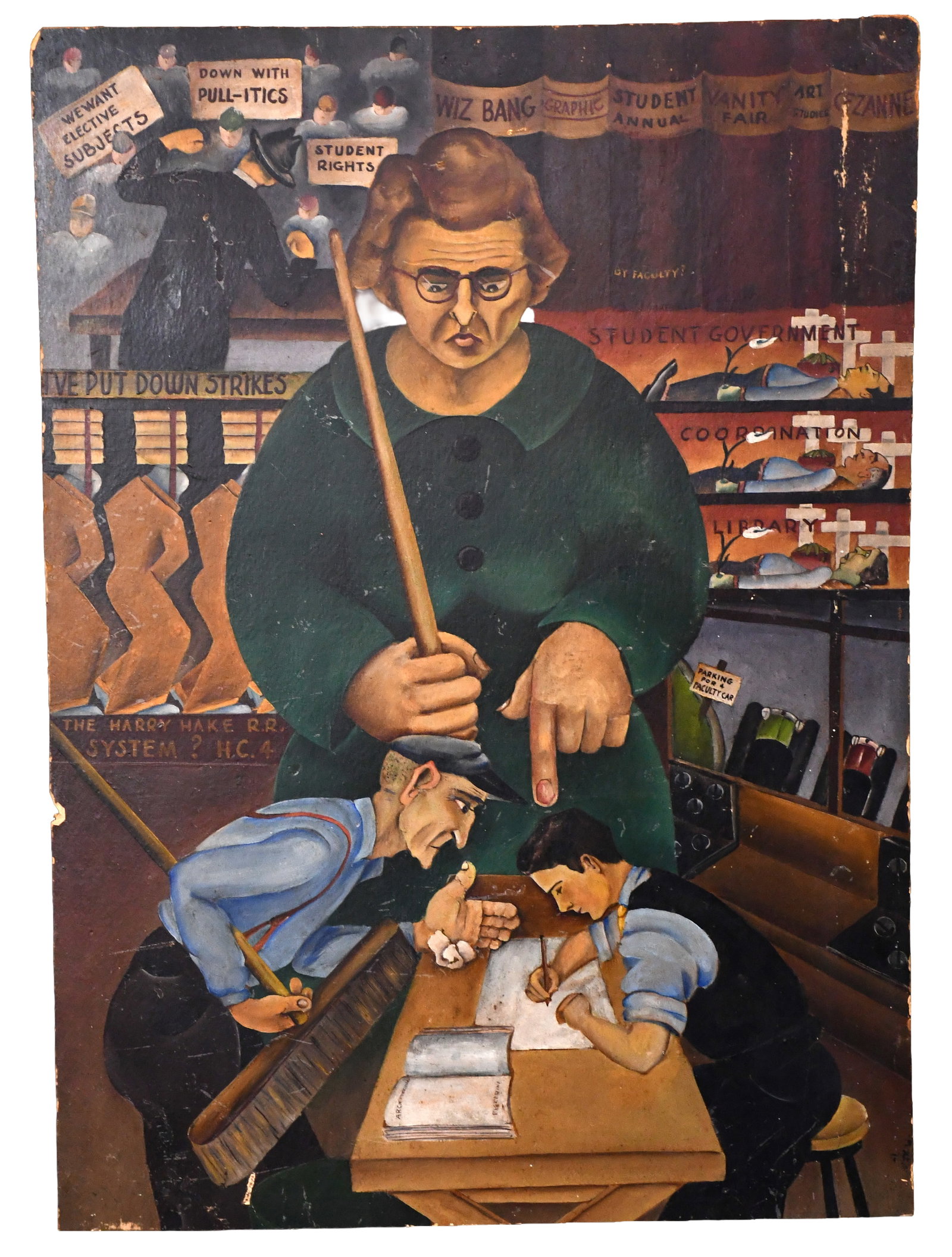 Anonymous WPA-Style Student Protest Art.: Anonymous WPA-Style Student Protest Art. Not Signed. Paint on Upson board. Wear and loss on edges with paint rubs throughout, otherwise good to fair condition. 24" w x 34" h. Est. $300-500. Ship: $85