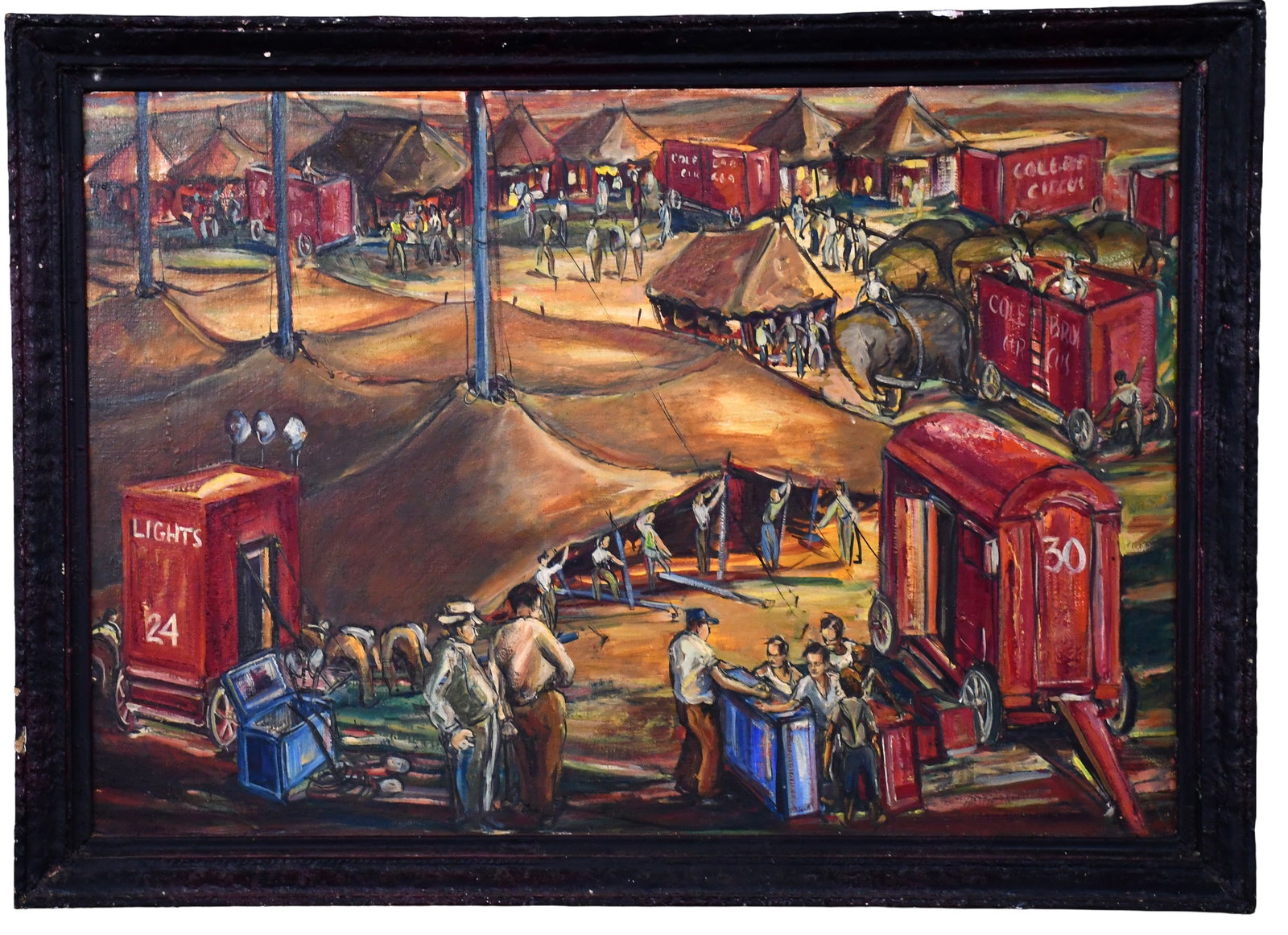 Reid Hastie. Cole Brothers Circus.: Reid Hastie. (1916-1987). Cole Brothers Circus. 1949. Signed and dated. Oil on Masonite. Image is excellent condition, frame has some scuff marks. Size with frame is 44" w x 32" h. Est. $400-600. Ship