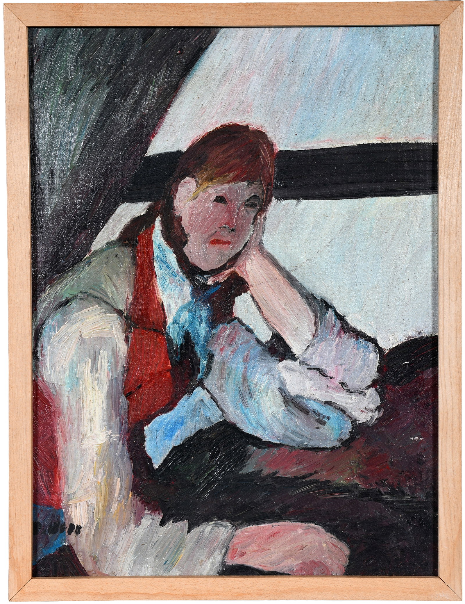 P. Webb. Homage to Cezanne's Boy in a Red Waist Coat.: P. Webb. Homage to Cezanne's Boy in a Red Waist Coat. Signed. Oil on canvas panel. Minor surface grime, otherwise great condition. Size with frame is 13" w x 17" h. Provenance: Lynne Ingram