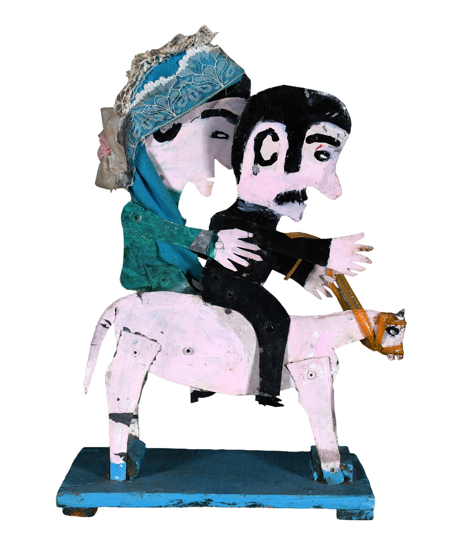 Unknown Artist. Couple On Horseback.: Unknown Artist. Couple On Horseback. Not signed. Cut out, painted and assembled tin, attached to wooden base with mixed media. Good environmental condition, minor paint loss. 10" x 16". Est.