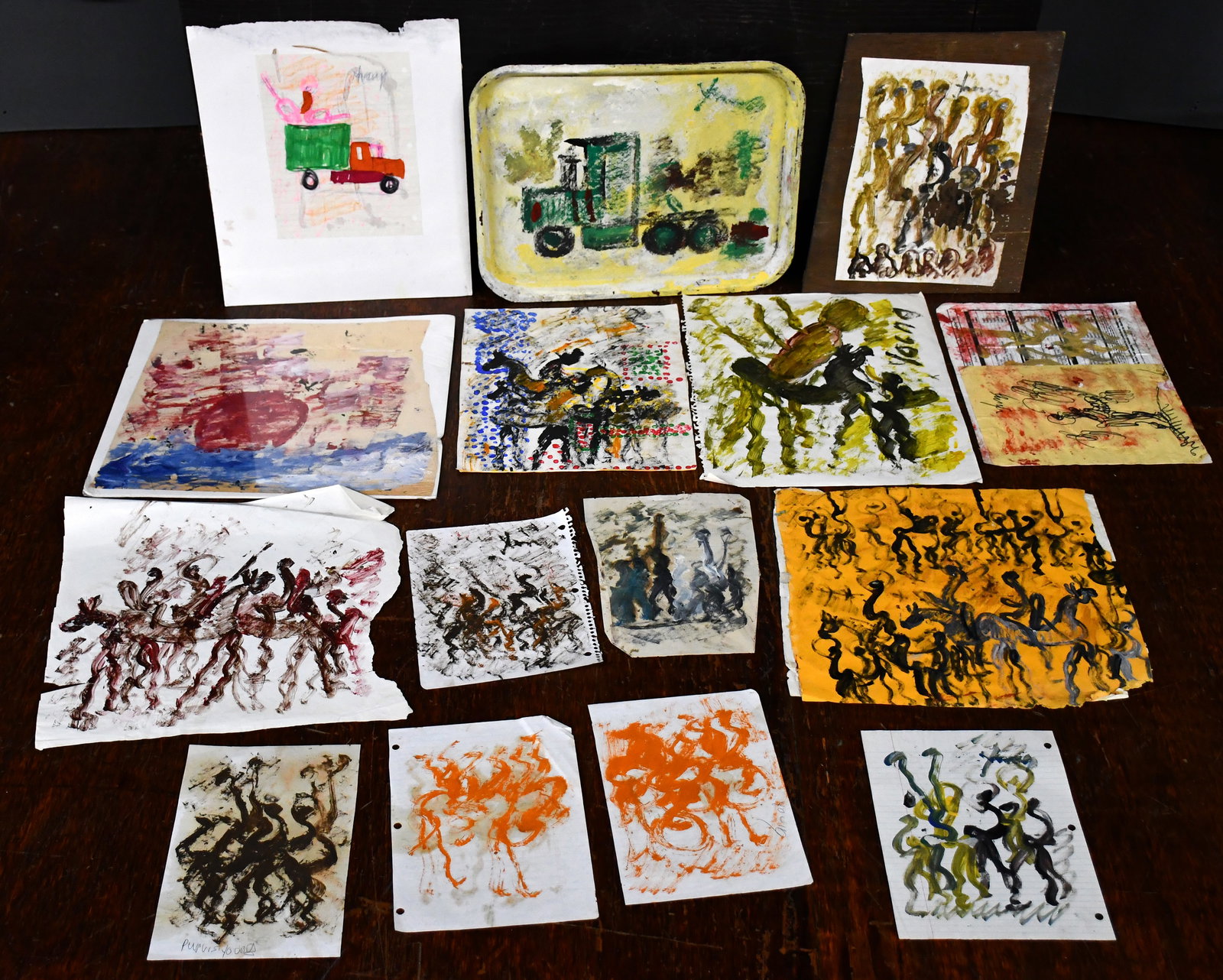 Purvis Young. Box Lot of 15 Artworks. (1 of 3)