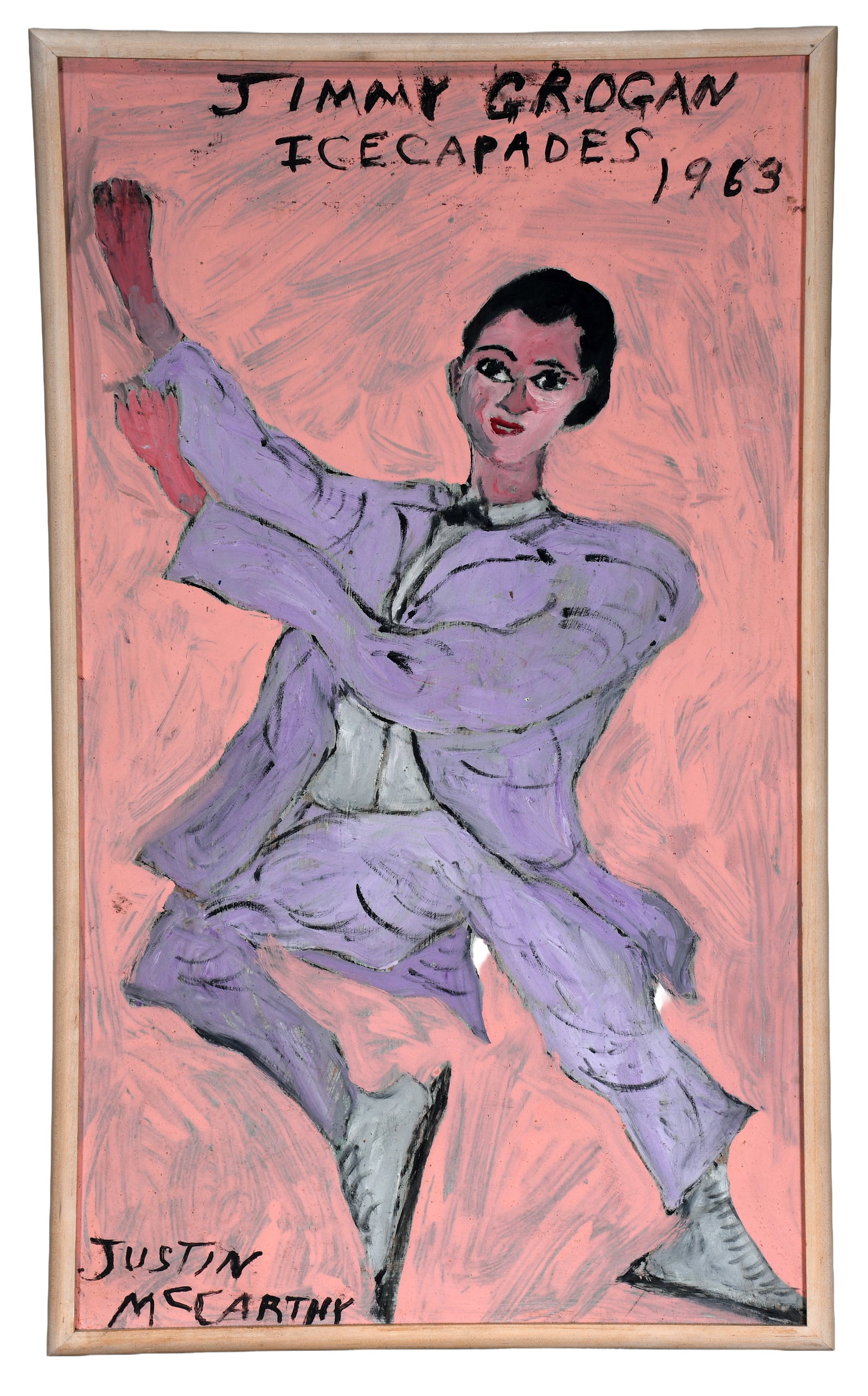 Justin McCarthy. Jimmy Grogan Ice Capades.: Justin McCarthy. Jimmy Grogan Ice Capades. 1963. Signed, dated and titled. Paint on Masonite. Excellent condition. Size with frame is 14.5" w x 24.5" h. Est. $800-1,200. Ship: $55 Please Read