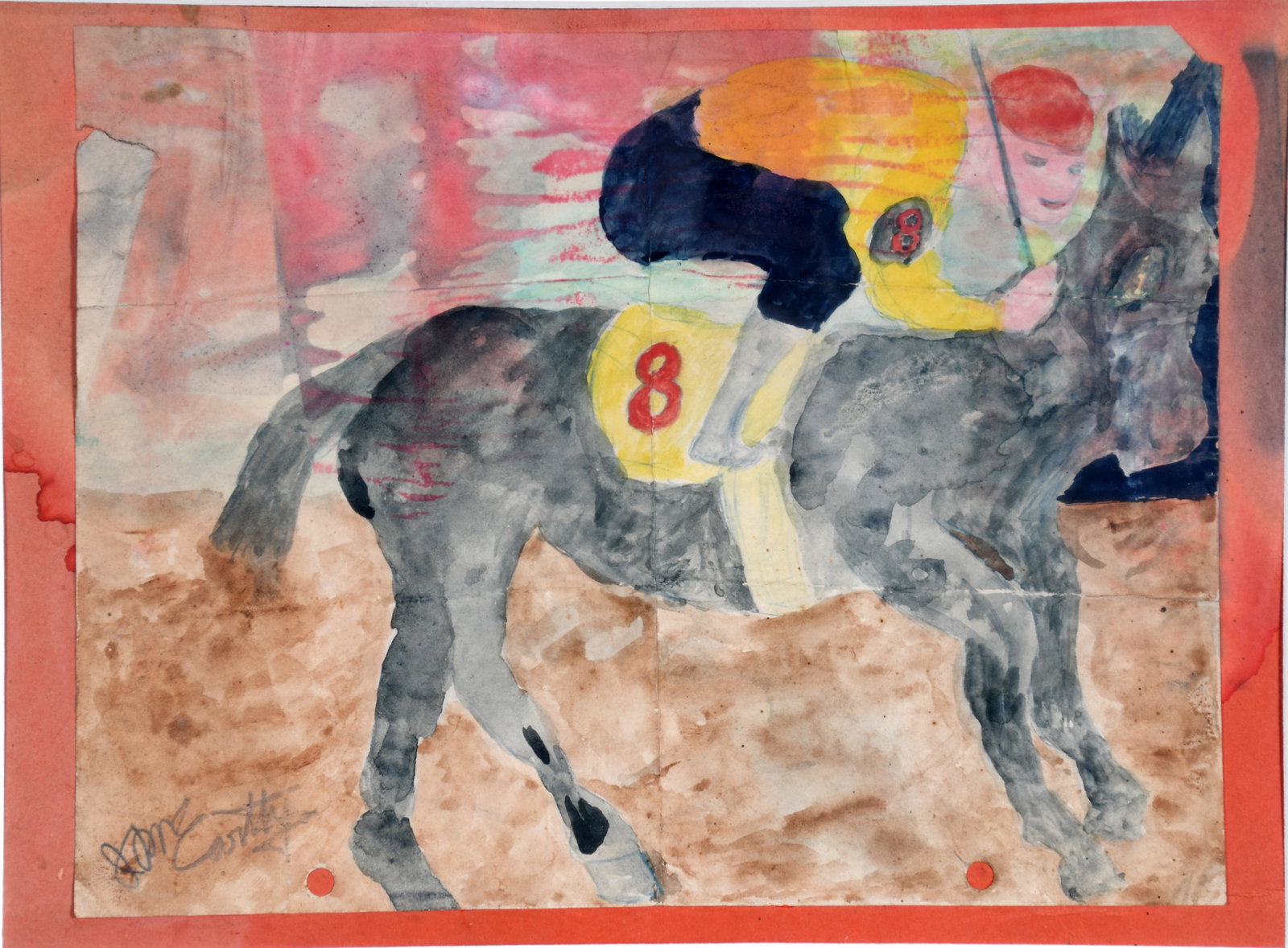 Justin McCarthy. Horse Race.: Justin McCarthy. Horse Race. Signed. Watercolor on paper. Some fading and creases, missing corners, water stains, otherwise good condition. Frame is 17" w x 13" h. Est. $100-200. Ship: $45 Please