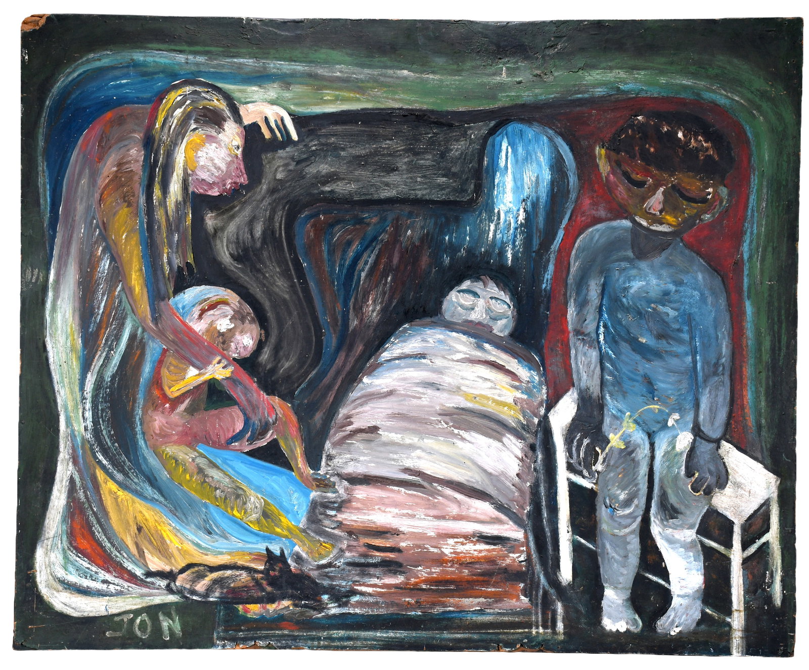 Jon Serl. The Watch.: Jon Serl. (1894-1993). The Watch. Signed and titled. Paint on found Masonite. Surface grime and wear with loss to upper left corner. Overall good to fair condition. 48" w x 40" h. Est. $1,000-1,500.