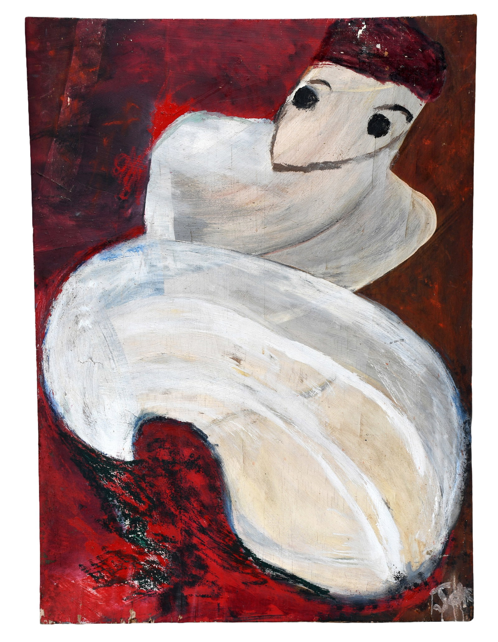 Jon Serl. Aroma. The First Exciting Kick of the Chin Chin Dancers.: Jon Serl. Aroma. The First Exciting Kick of the Chin Chin Dancers. Signed and titled. Paint on found board. Minor paint wear, surface grime, fraying of bottom of board. Overall good to fair