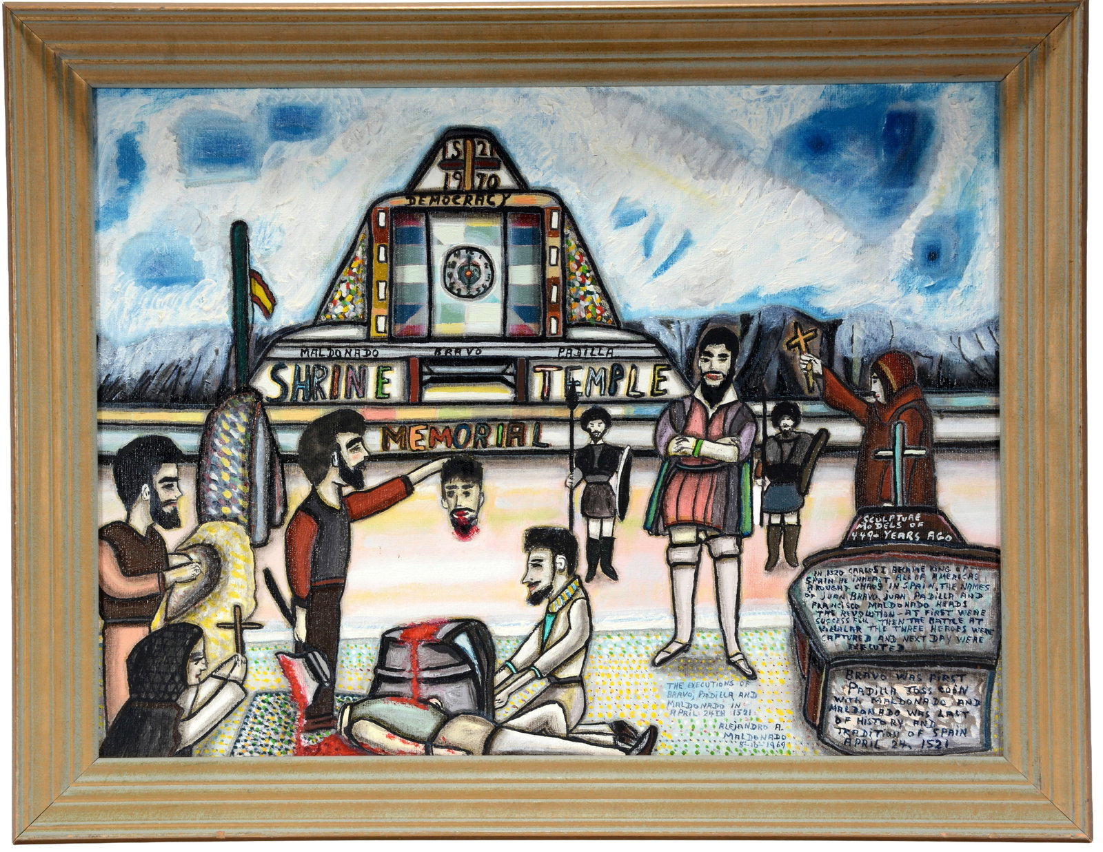 Alex Maldonado. Execution of Bravo.: Alex Maldonado. Execution of Bravo. 1969. Signed, dated and titled. Oil on canvas. Excellent condition. Size with frame is 27" w x 21" h. Provenance: The Ames Gallery. Est. $500-800. Ship: $75 