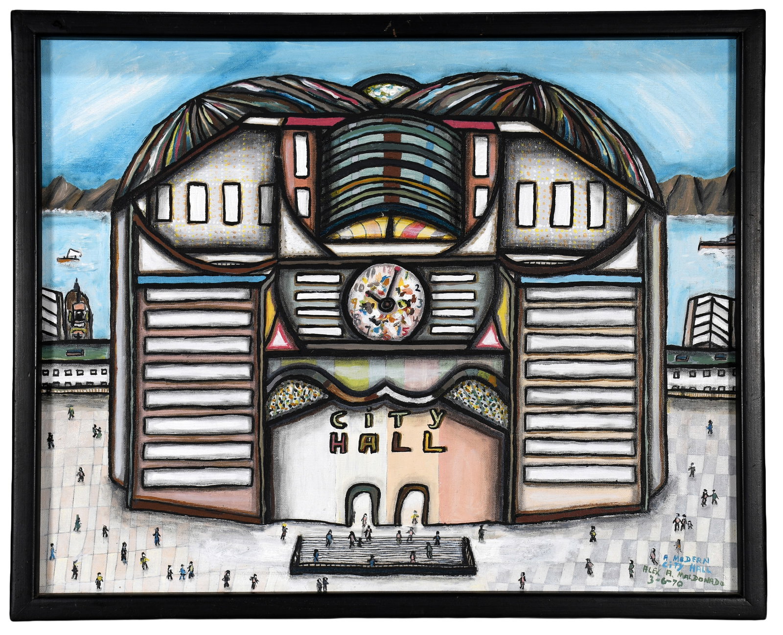 Alex Maldonado. City Hall.: Alex Maldonado. City Hall. 1970. Signed, dated and titled. Oil on canvas. Excellent condition. Size with frame is 21" w x 17" h. Provenance: Richard Gasperi and James Resko Collection. Est. $500-800.