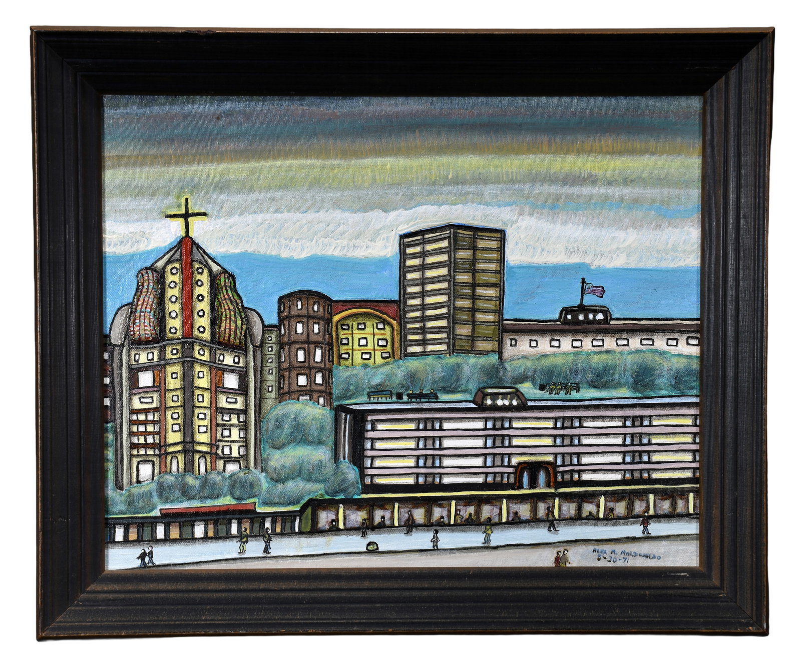 Alex Maldonado. Church In the City.: Alex Maldonado. Church In the City. 1971. Signed and dated. Oil on canvas. Excellent condition. Size with frame is 23" w x 19" h. Provenance: Richard Gasperi and James Resko Collection. Est.