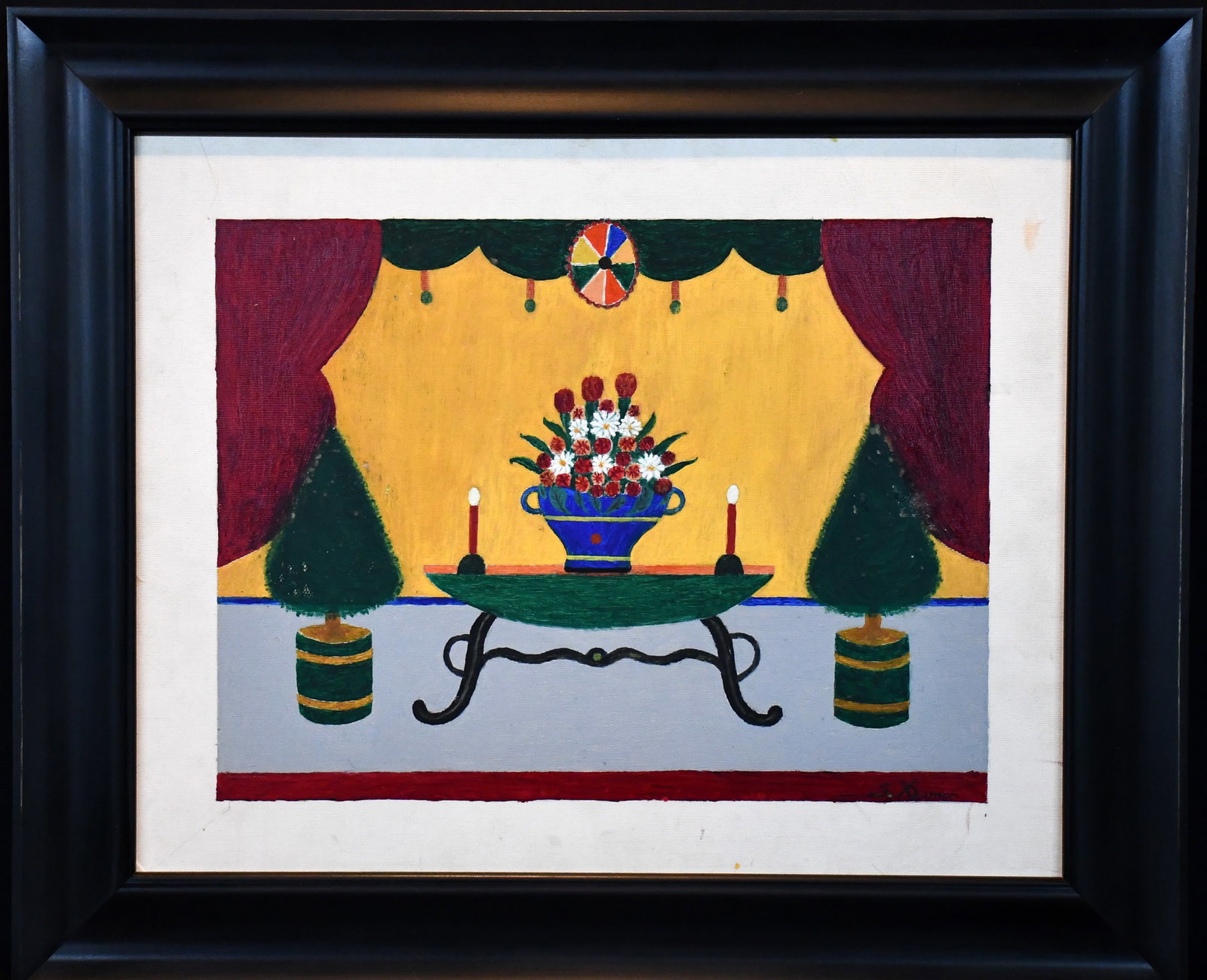 Gustav Klumpp. Still Life On Table.: Gustav Klumpp. (1902-1980). Still Life On Table. Signed. Paint on canvas panel. Minor surface grime on left and right, otherwise good condition. Image is 20" w x 16" h. Frame is 25" w x 21" h. Est.