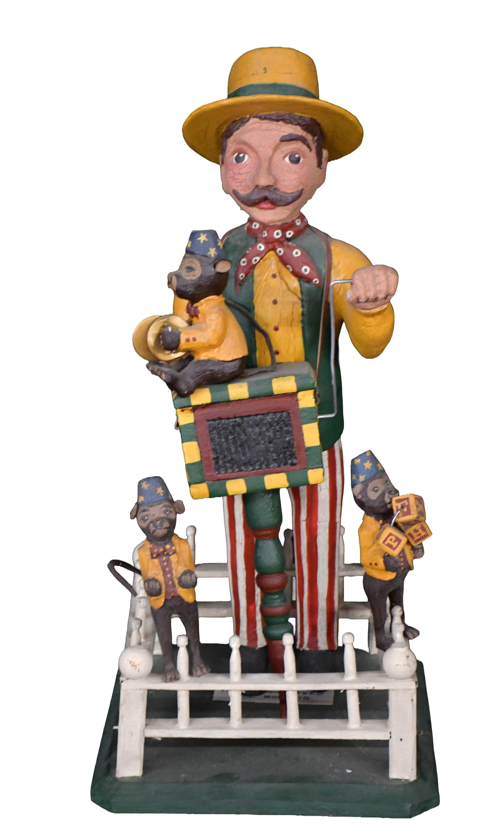 Phyllis and Bill Duffy. Please Don't Feed the Monkeys.: Phyllis and Bill Duffy. Please Don't Feed the Monkeys. 1995. Signed, dated, and titled. Carved and painted wood with mixed media. Some loss to monkeys' feet, otherwise good condition. 10" w x 21" h x