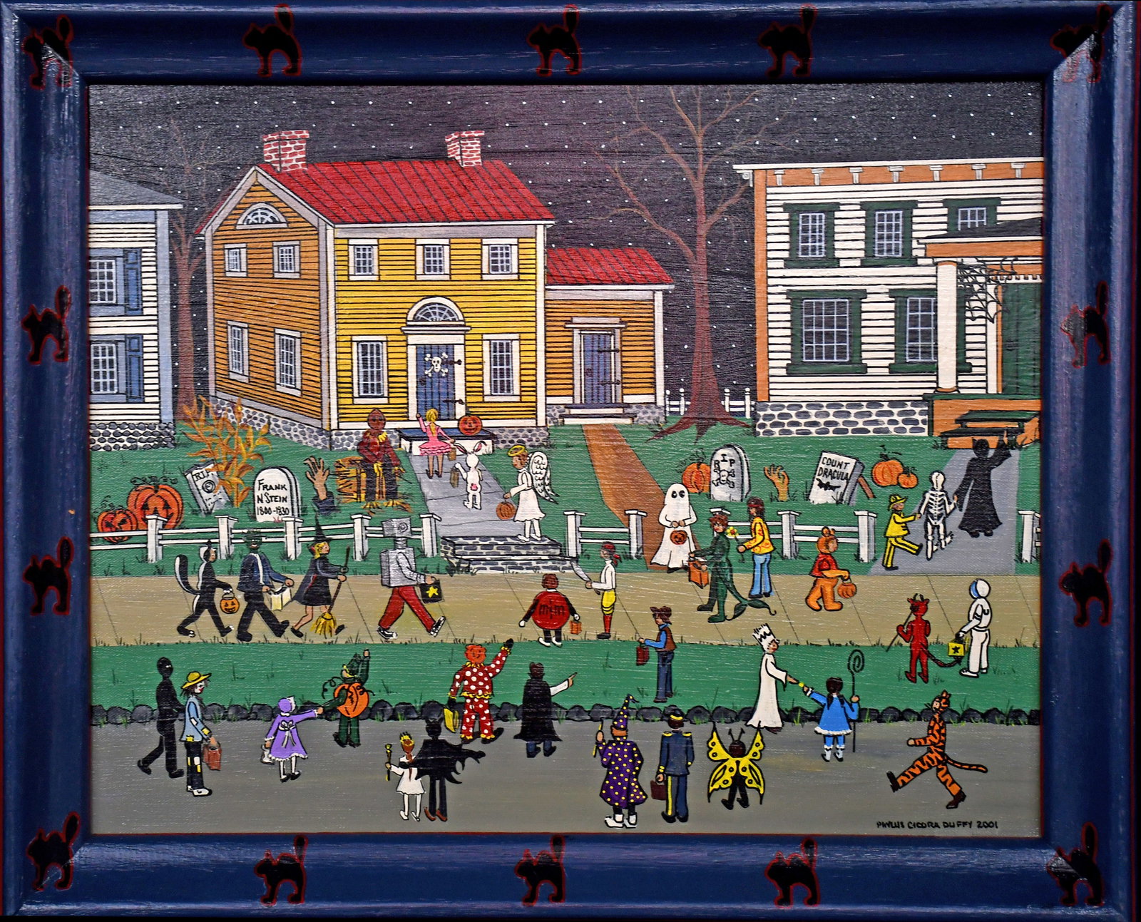 Phyllis Duffy. Trick or Treat.: Phyllis Duffy. Trick or Treat. 2001. Signed and dated. Oil on canvas. Excellent condition. Size with artist-decorated frame is 23" w x 19" h. Est. $200-300. Ship: $55 Please Read Before You Bid: