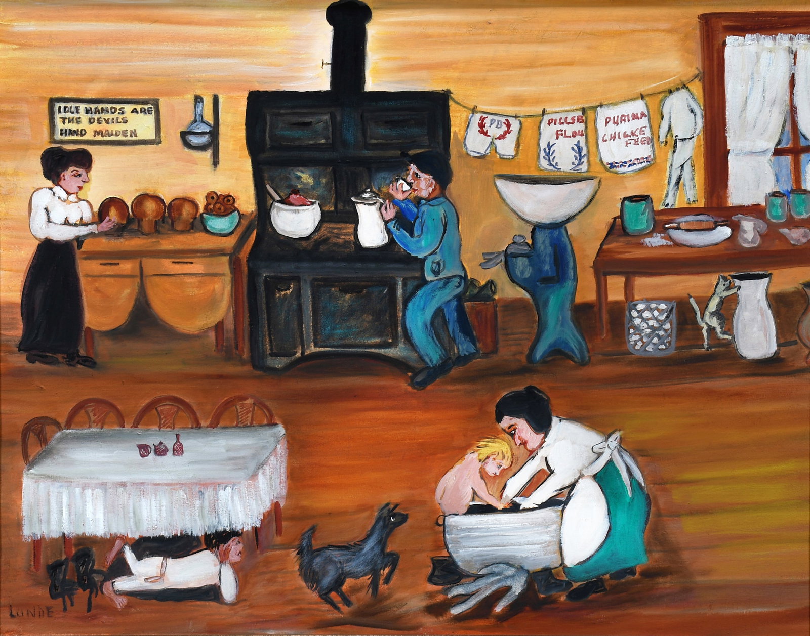 Emily Lunde. Idle Hands.: Emily Lunde. Idle Hands... Signed. Oil on canvas. Excellent condition. Image is 28" w x 22" h. Frame is 35" w x 28" h. Est. $500-800. Ship: $125 Please Read Before You Bid: By registering for