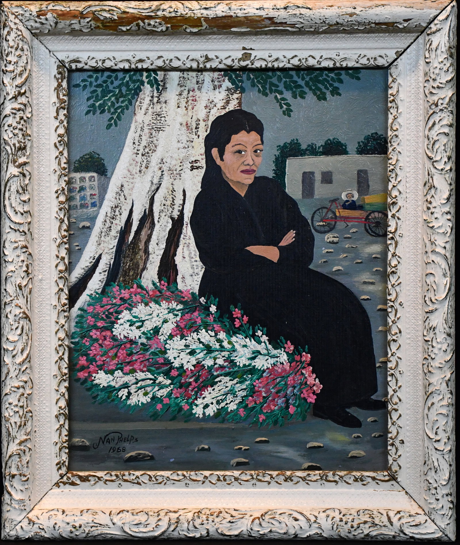 Nan Phelps. Indian Woman, Peru, Selling Wild Flowers.: Nan Phelps. Indian Woman, Peru, Selling Wild Flowers. 1968. Signed, dated, and titled. Oil on canvas panel. Two minor paint flakes, otherwise excellent condition. Size with frame is 22" w x 26" h.